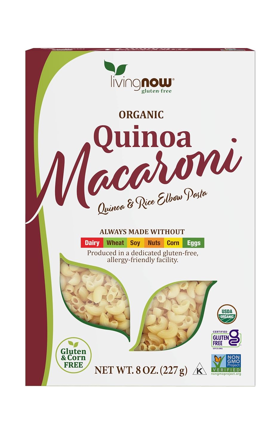 NOW Foods, Organic Quinoa Macaroni, Gluten-Free, Corn-Free, Non-GMO Elbow Pasta, 8-Ounce