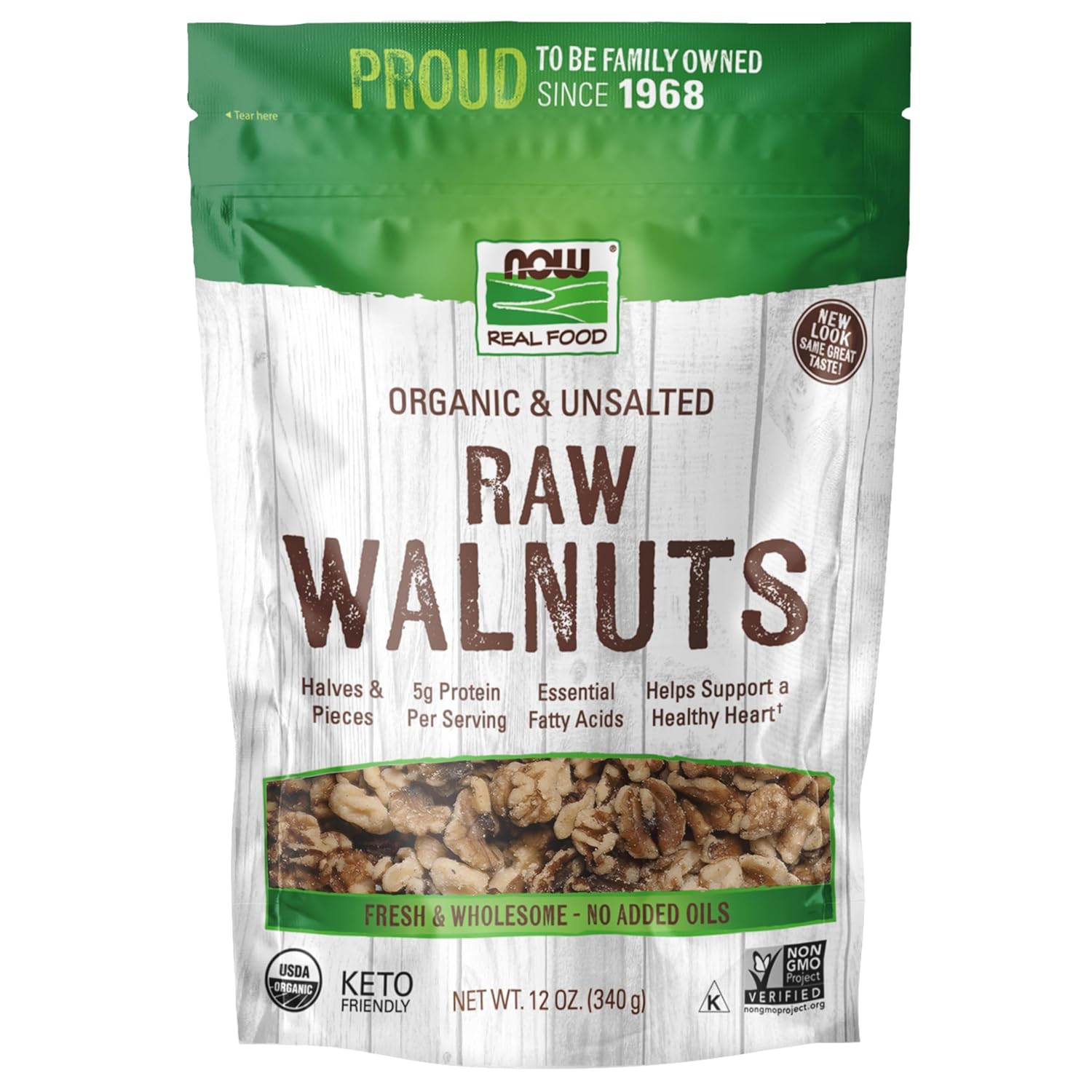 NOW Foods, Certified Organic Walnuts, Raw and Unsalted, Halves and Pieces, Good Source of Protein and Healthy Fatty Acids, Certified Non-GMO, 12-Ounce (Packaging May Vary)