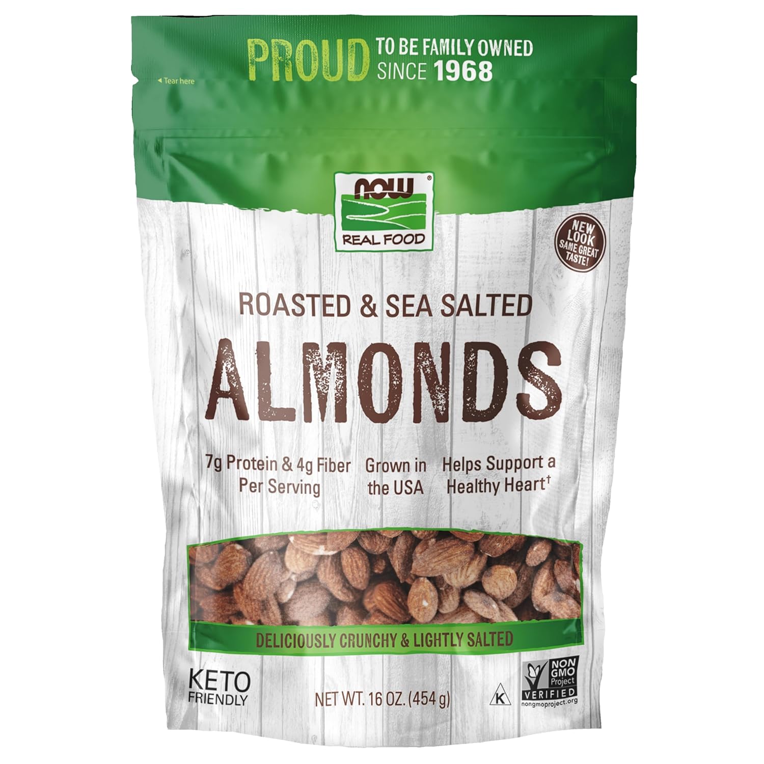 NOW Foods, Almonds, Roasted with Sea Salt, Source of Protein, Fiber and Healthy Fatty Acids, Grown in the USA, Certified Non-GMO, 1-Pound (Packaging May Vary)