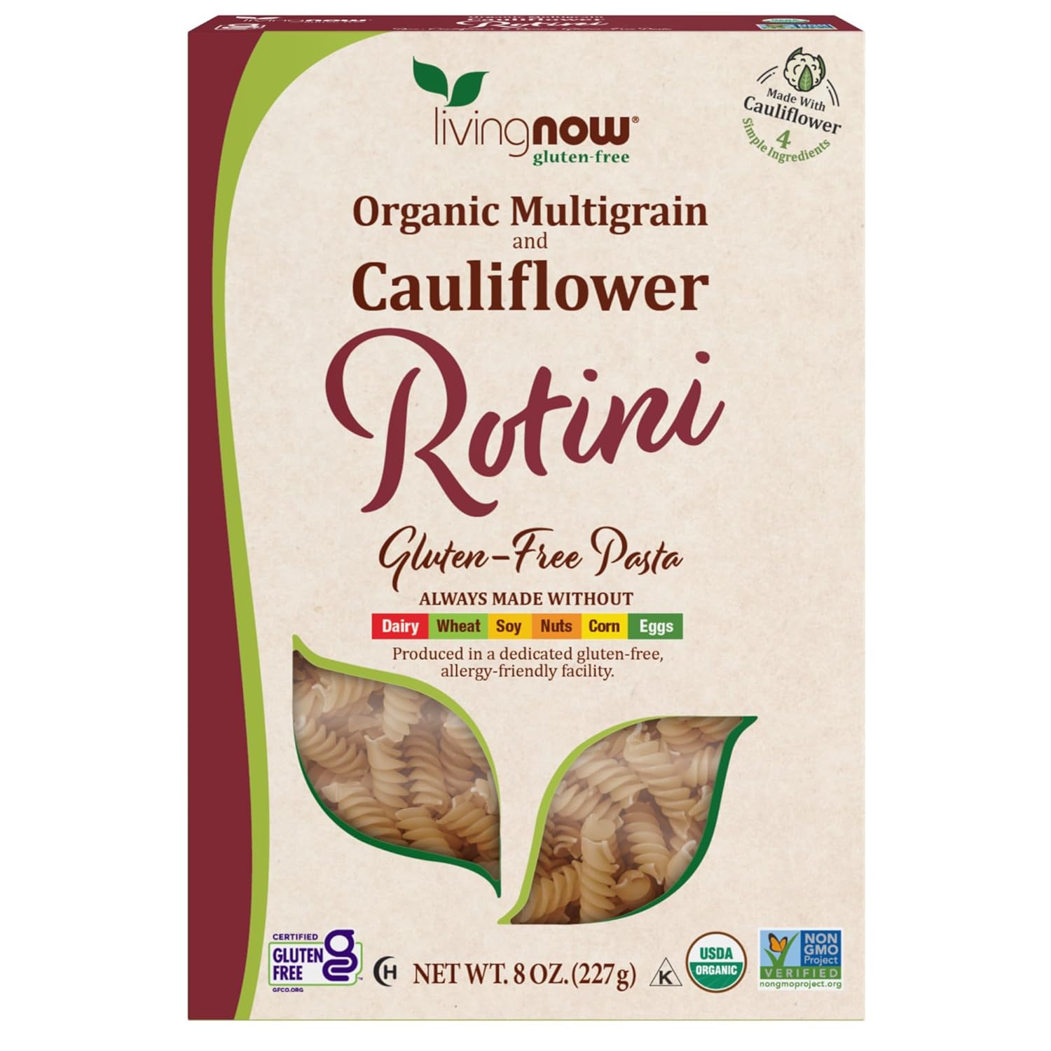 NOW, Living NOW, NOW Natural Foods, Organic Multigrain and Cauliflower Rotini Gluten Free Pasta, Made Without Dairy, Wheat, Soy, Nuts, Corn or Eggs, 8 oz