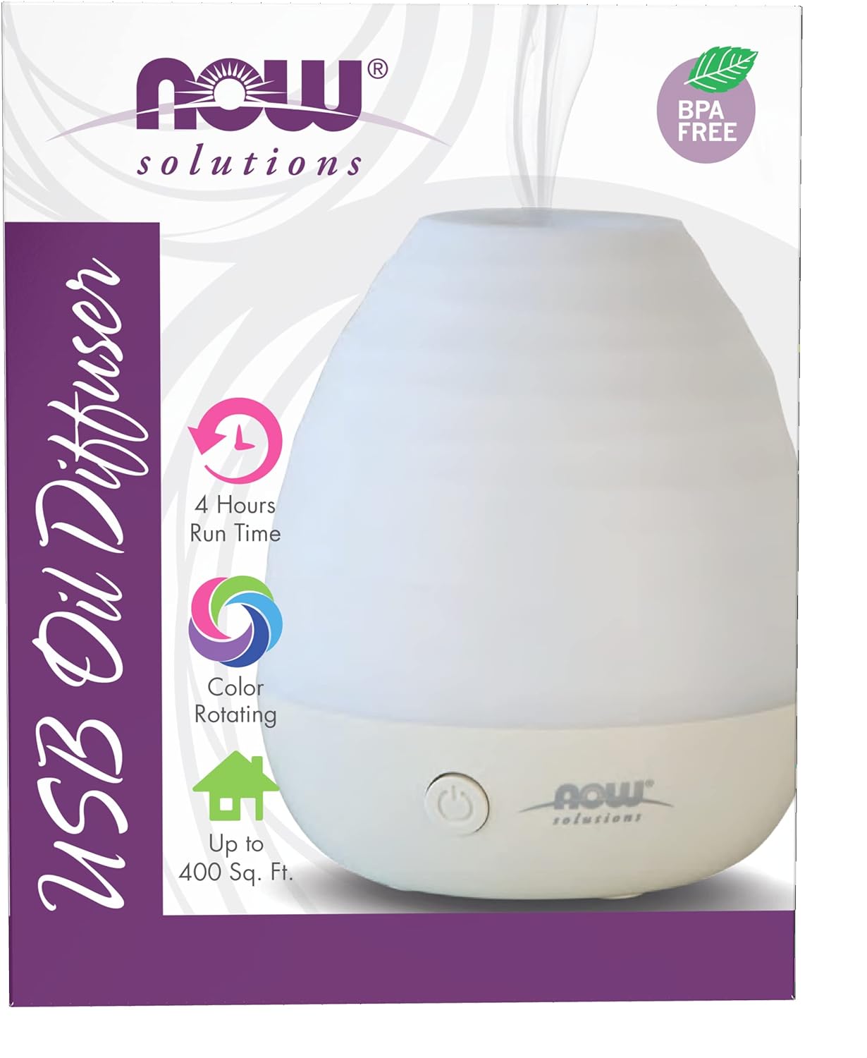 NOW Essential Oils, Ultrasonic USB Aromatherapy Oil Diffuser, Extremely Quiet, Heat Free, and Easy to Clean, Color Changing LED Diffuser