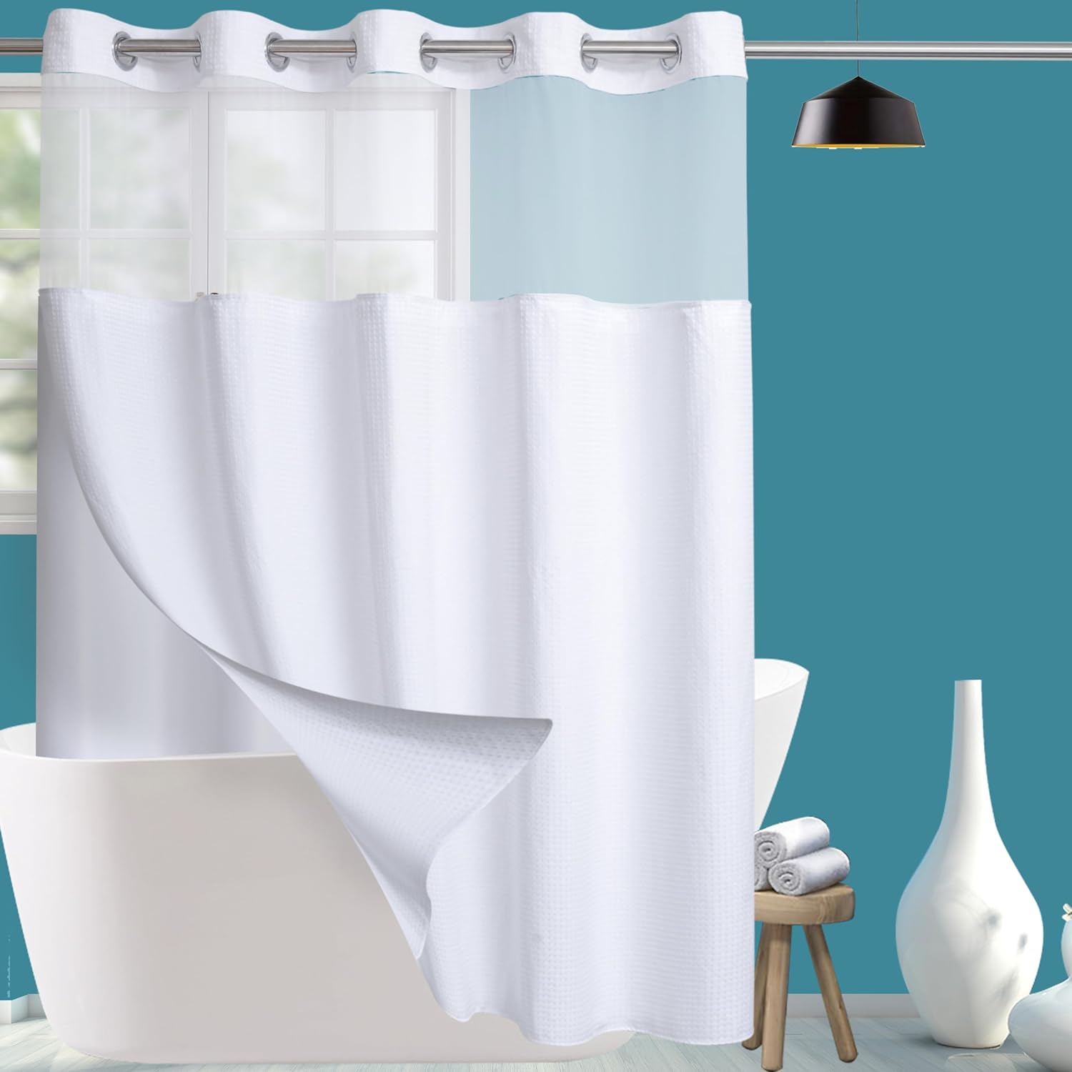 Hotel Grade Fabric Shower Curtain Set with Snap in Liner for Bathroom with See Through Top Window, Waffle Weave Shower Curtain, White, Machine Washable (Waffle-White,71W x 74H)