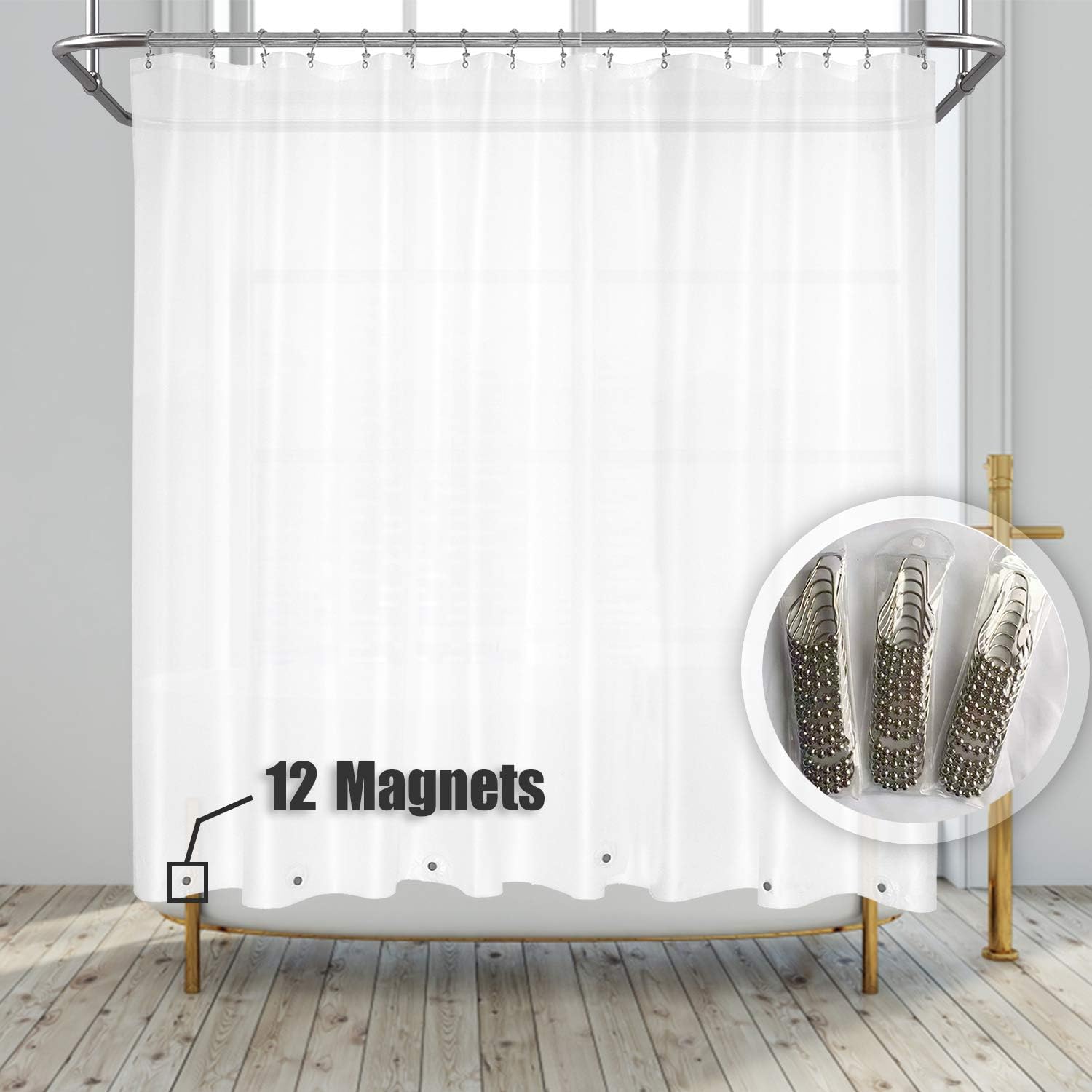 Barossa Design Clawfoot Tub Shower Curtain with 12 Magnets - 36 Metal Hooks Included, 180 W x 70 H Wrap Around, Waterproof PVC Free PEVA, Metal Grommets - Frosted, 180x70