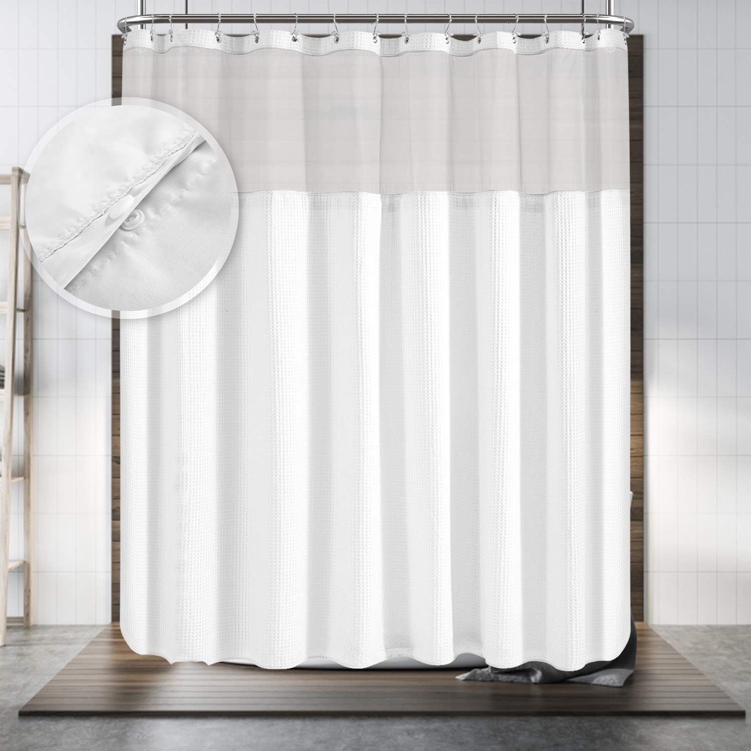 Hotel Style Shower Curtain with Snap-in Fabric Liner, 180 x 70 for Clawfoot Tub, Wrap Around & Mesh Window Top - Honeycomb Waffle Weave Cotton Blend Fabric, Washable, White, 180x70 Inches