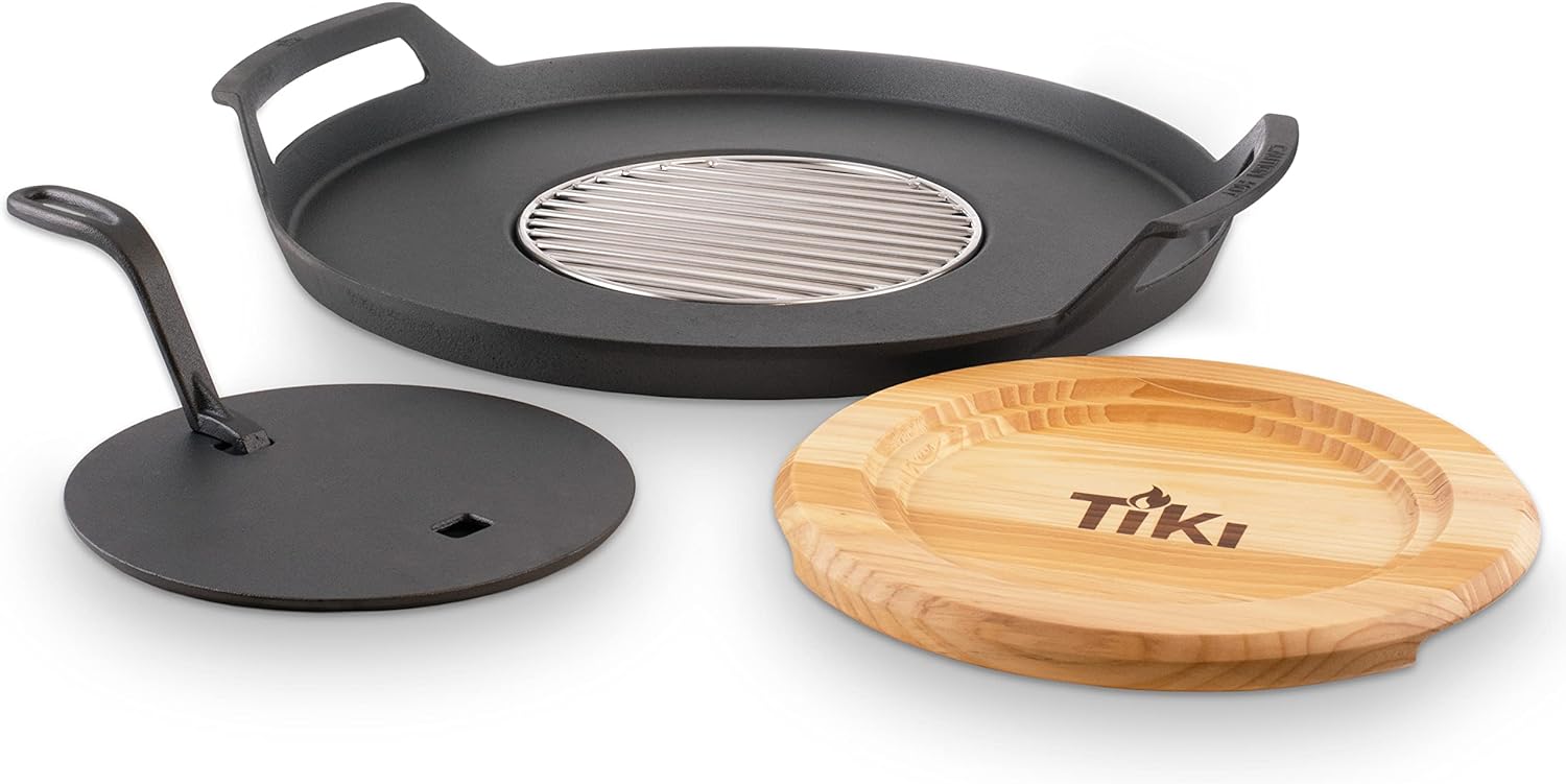 TIKI Brand Fire Pit Griddle, Cast Iron & Grill Combo, Griddle for Cooking on Fire Pits, Fits with most 16-21 Smokeless Fire Pits, Wooden Trivet & Gloves Included, 23.12x22.39x3.50, Black, 1323056