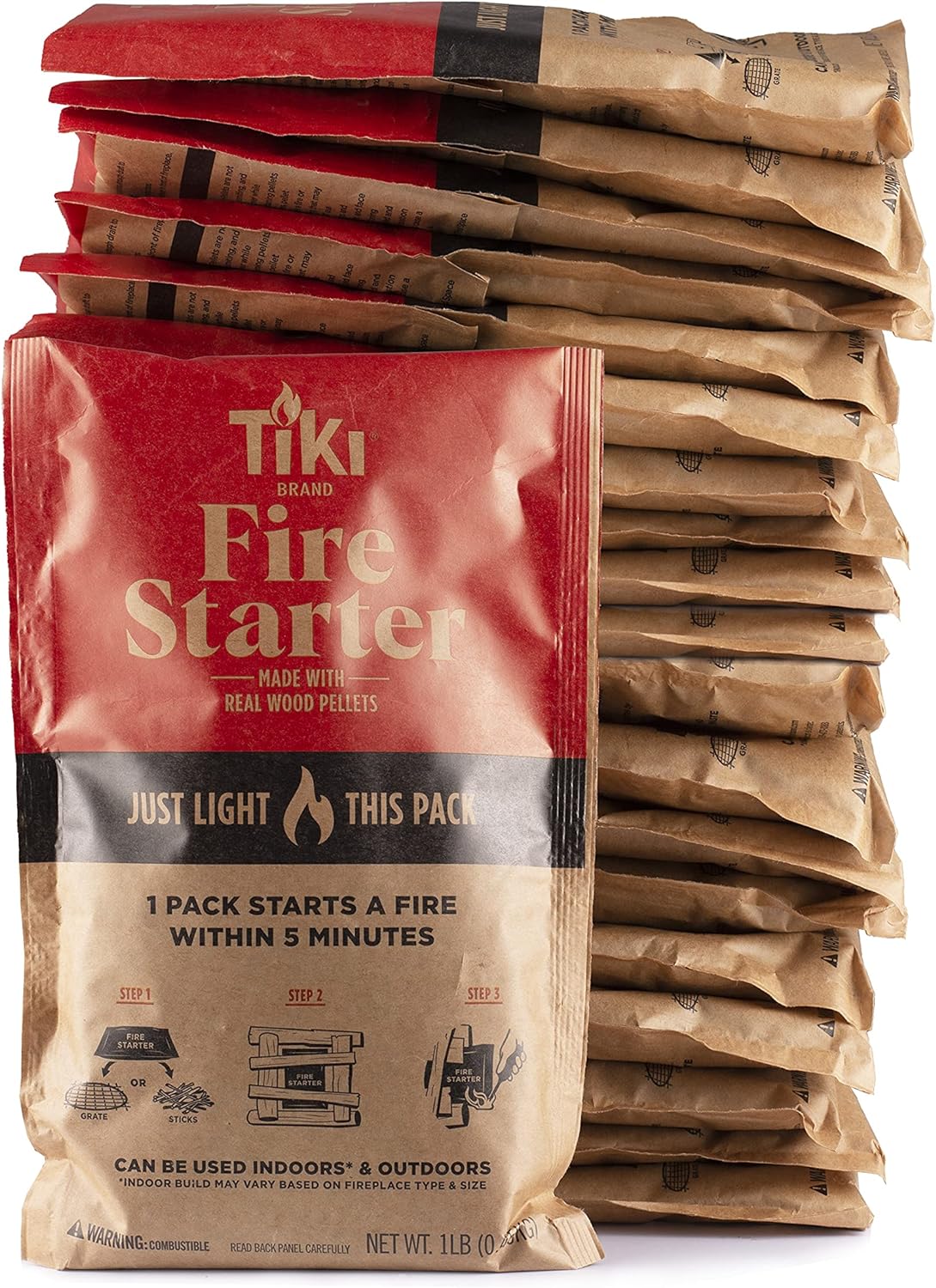 TIKI Brand Fire Starter, Indoor/Outdoor Fire Starter, Wood Pellets, Outdoor Fire Pit Fire Starter, Indoor Fire Place Fire Starter, Easy Fire Starter, 11.75 x 7.5 x 1, Brown, 1 Pound (Pack of 20)