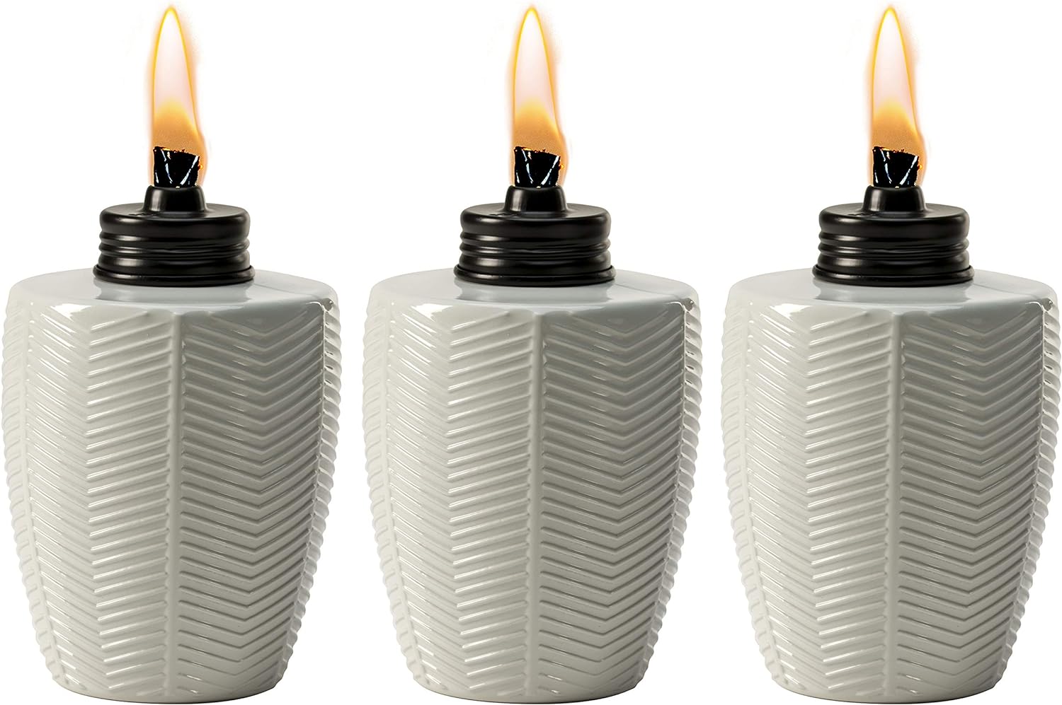TIKI Brand Table Torch Glass Herringbone Ivory - Decorative Table Top Torches for Outdoor, Patio, Backyard and Garden, 5.75 in, 1118120, White, 3-Pack