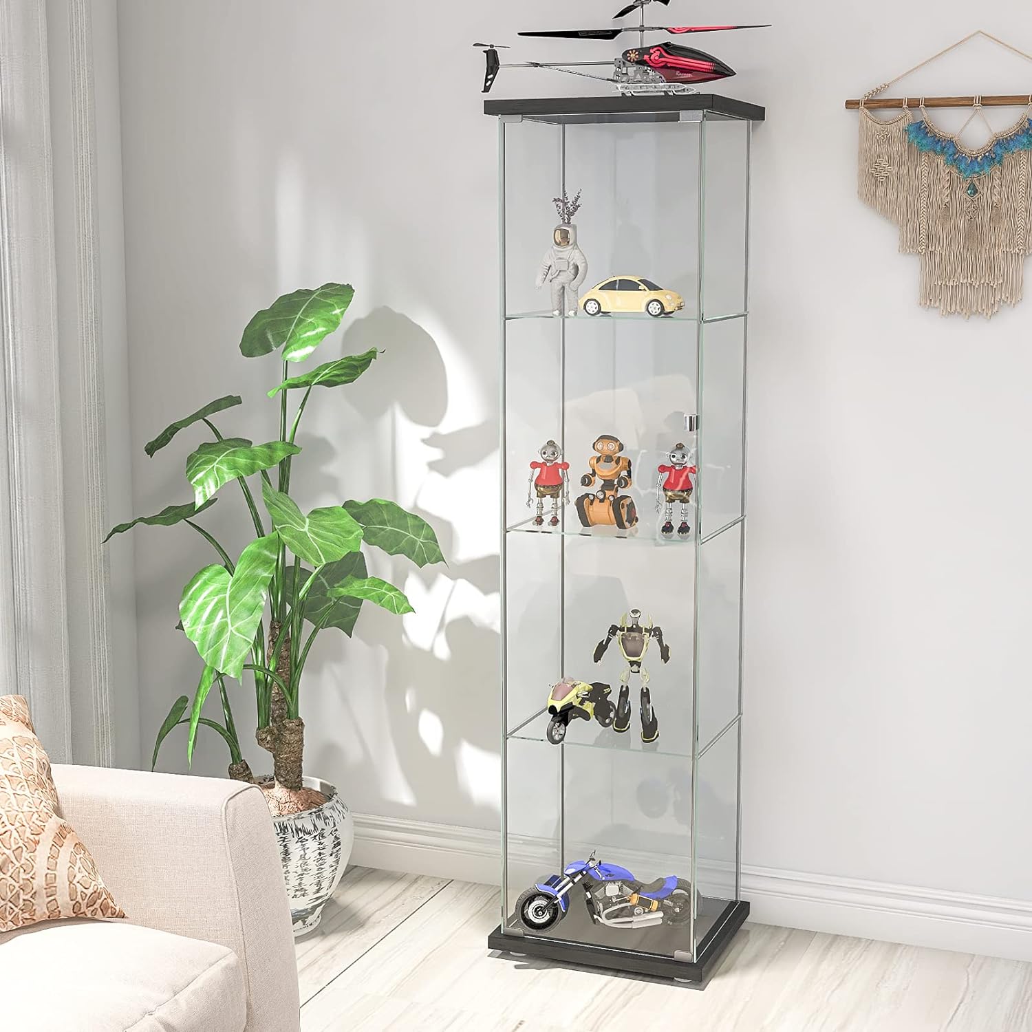 Yoluckea Glass Cabinet,Glass Door Cabinet,4 Shelves Glass Display Case, Glass Display Cabinet with Door, Floor Standing Curio Cabinet Bookshelf for Living Room Bedroom, 64.56 x 16.73x 14.37, Black