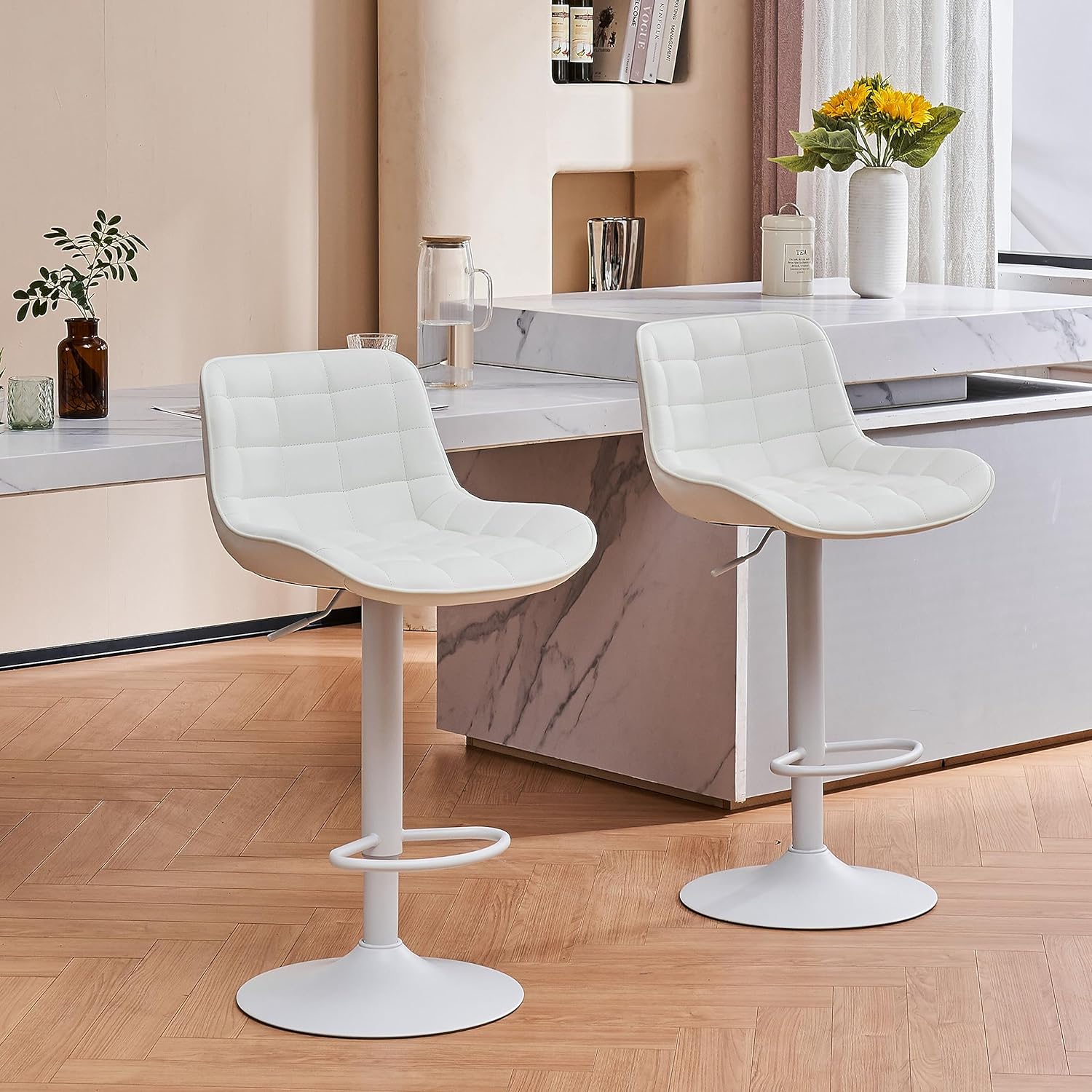 YOUTASTE White Bar Stools Set of 2 Faux Leather Upholstered Counter Height Barstools with White Back and Metal Base, Adjustable Swivel Kitchen Stools Chair for Home Island Bistro