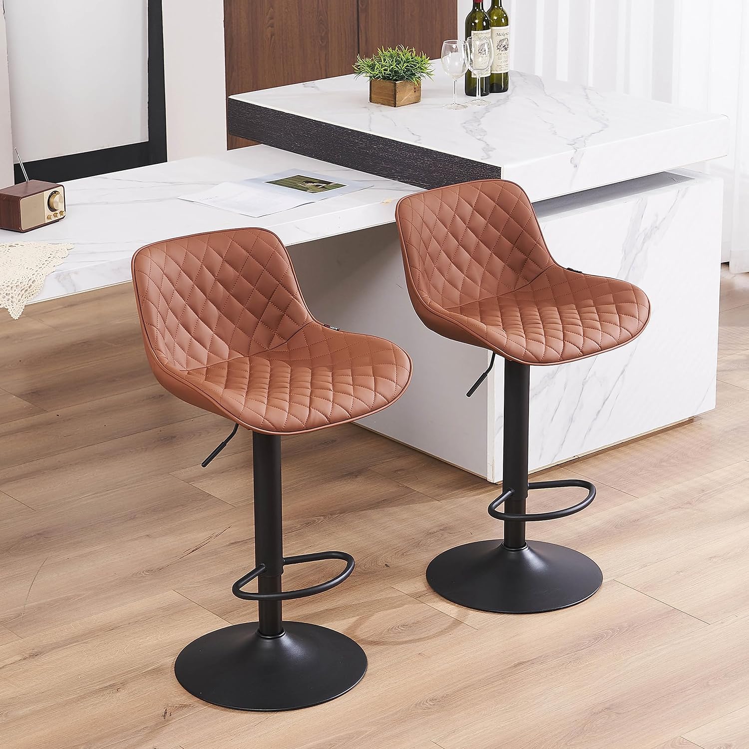 YOUTASTE Coffee Brown Bar Stools Set of 2 Adjustable Counter Height Barstools Faux Leather Bar Stool with Back Swivel Modern Metal Diamond Bar Chairs Home Kitchen Island Restuarant