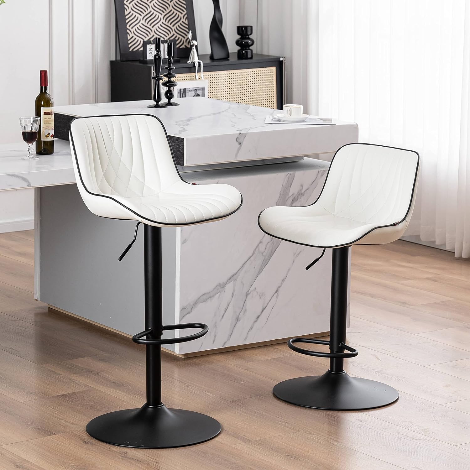 YOUTASTE Modern Bar Stools Set of 2 Adjustable Barstools Luxury Upholstered Bar Chairs Faux Leather Counter Height Bar Stool Swivel Barstool with Back for Home Kitchen Island,White