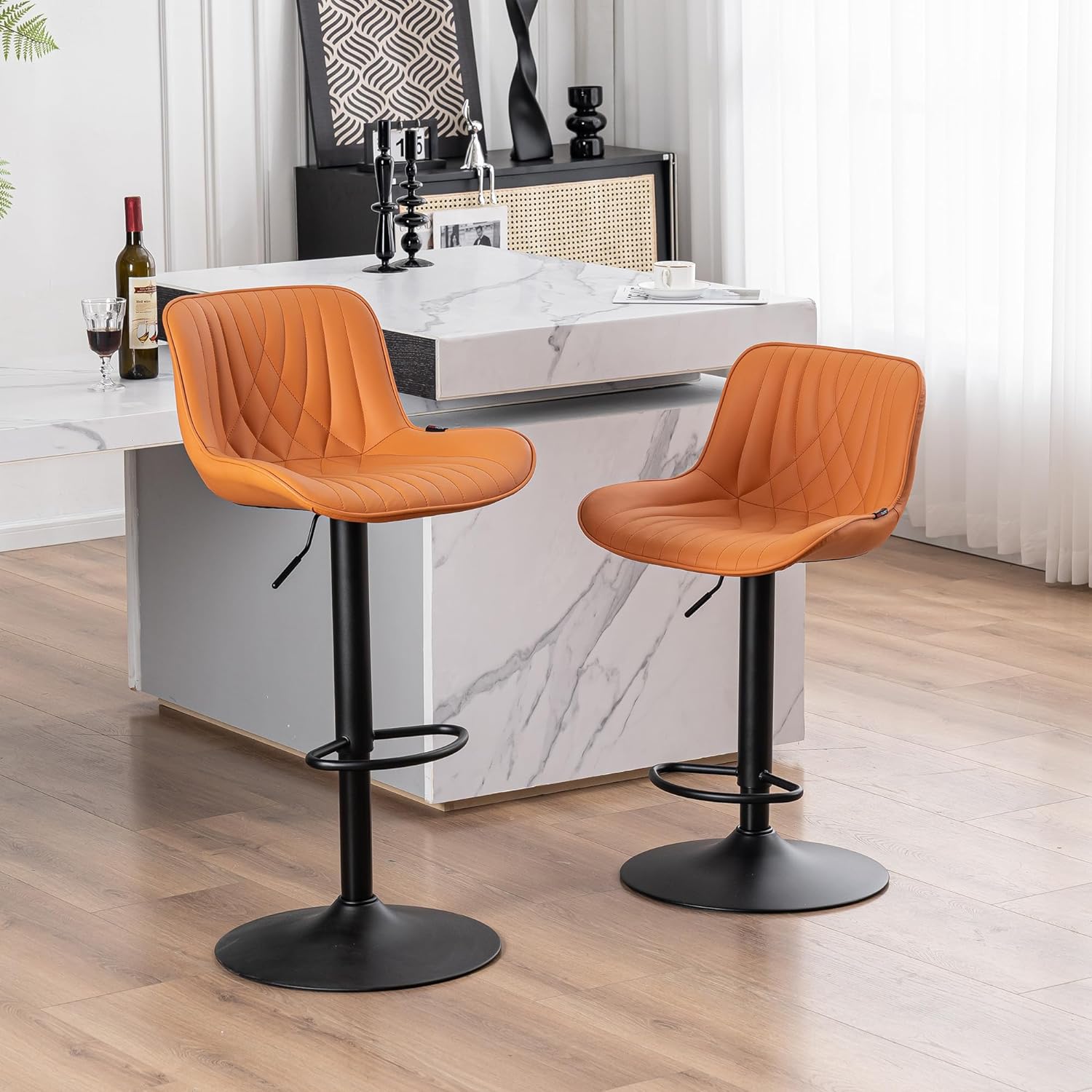 YOUTASTE Camel Bar Stools Set of 2 Adjustable Swivel Modern Barstools Luxury Upholstered Faux Leather Bar Stool Counter Height Metal Chairs with Back for Home Kitchen Island