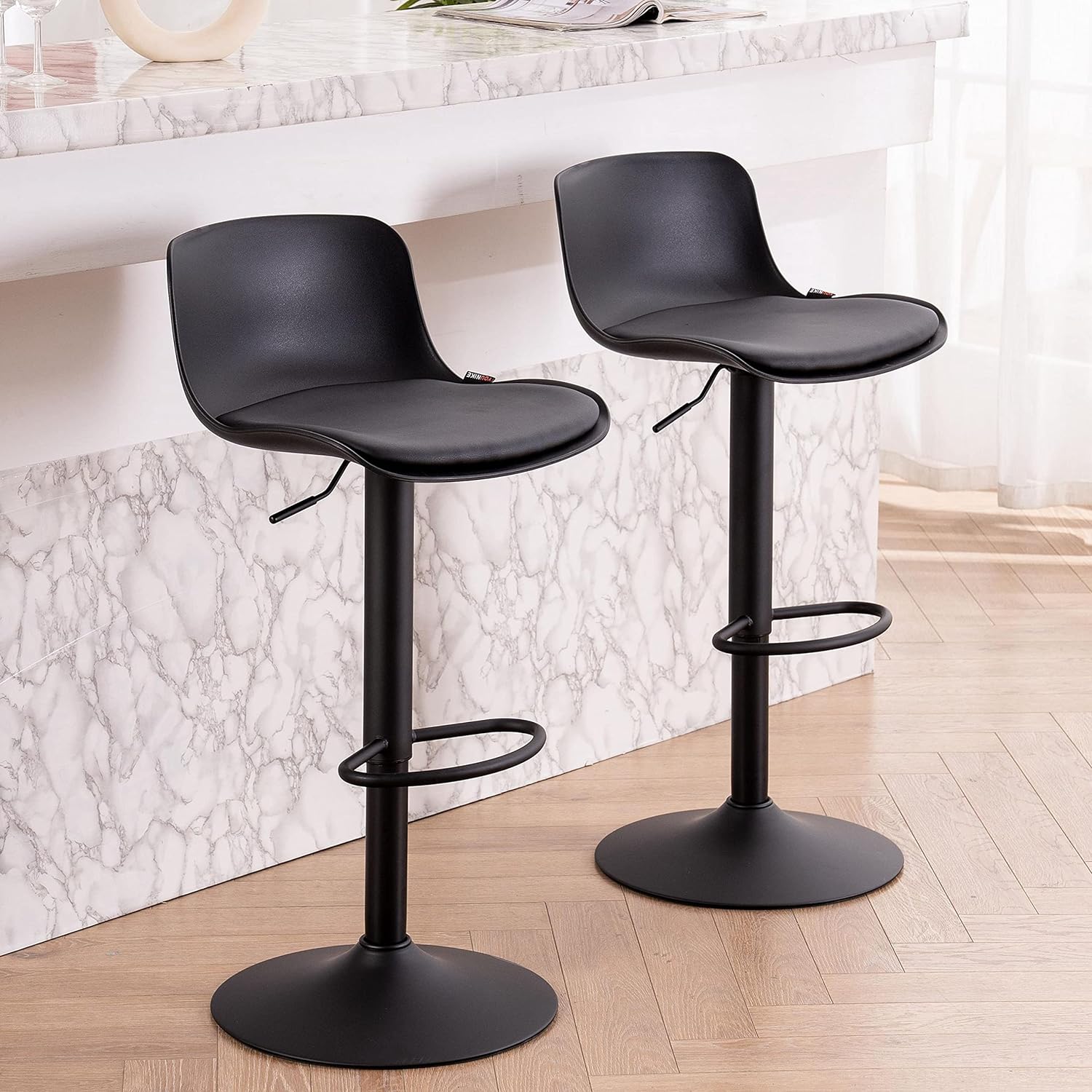 YOUTASTE Black Bar Stools Set of 2 Counter Height Bar Stool Upholstered Adjustable Swivel Metal High Back Bar Chairs PU Soft Cushion for Home and Kitchen