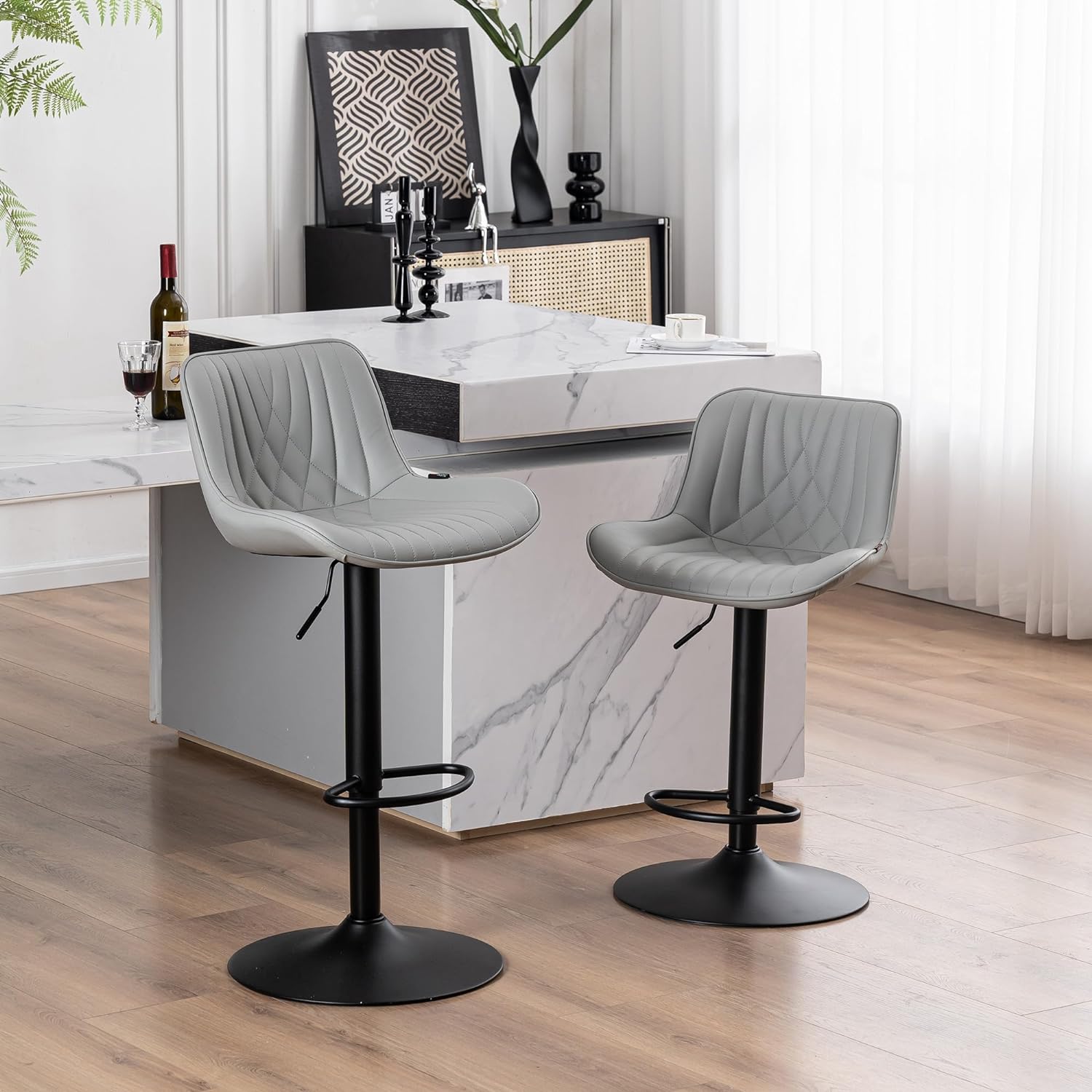 YOUTASTE Grey Bar Stools Set of 2 Adjustable Swivel Modern Barstools Luxury Upholstered Faux Leather Bar Stool Counter Height Metal Chairs with Back for Home Kitchen Island