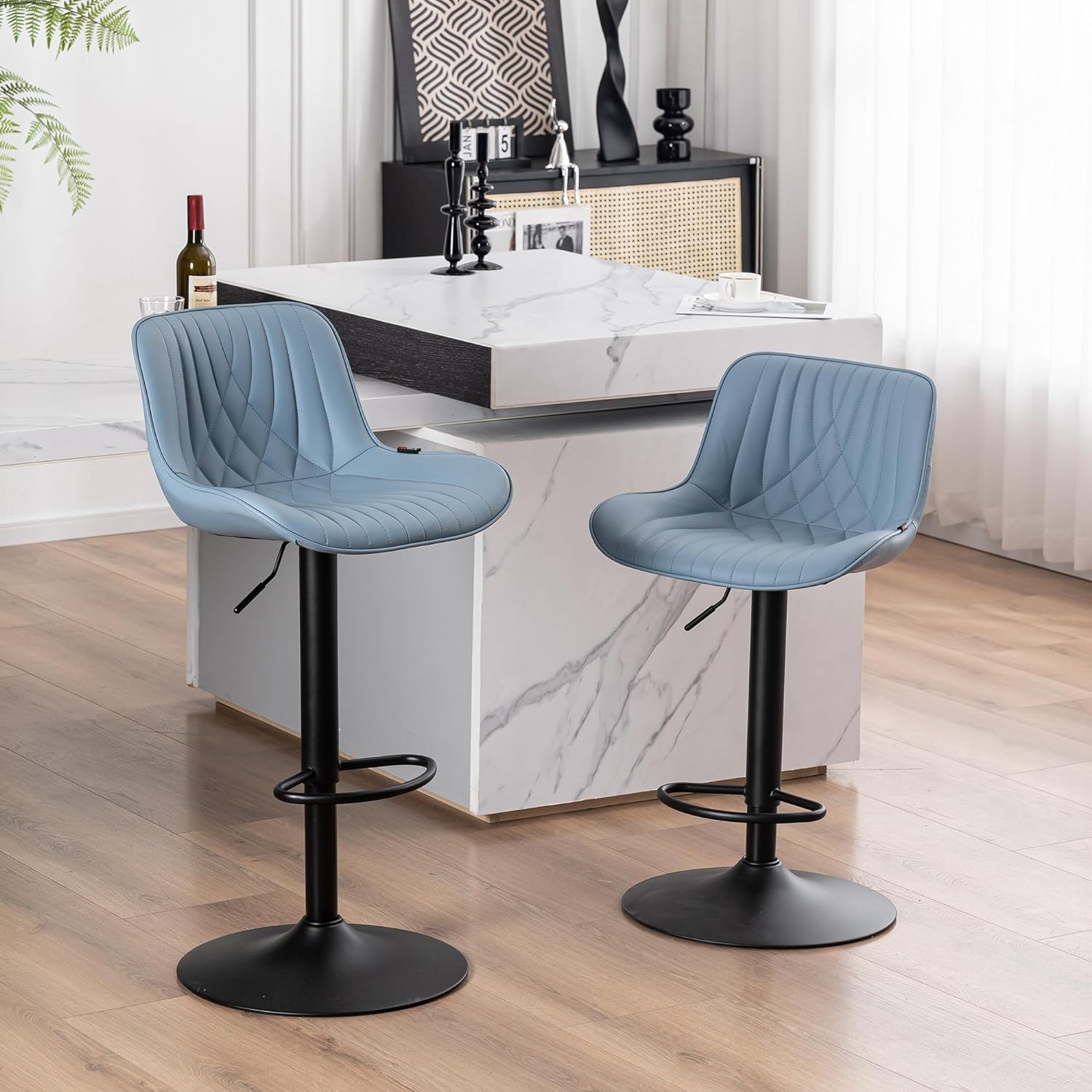 YOUTASTE Blue Bar Stools Set of 2 Adjustable Swivel Modern Barstools Luxury Upholstered Faux Leather Bar Stool Counter Height Metal Chairs with Back for Home Kitchen Island