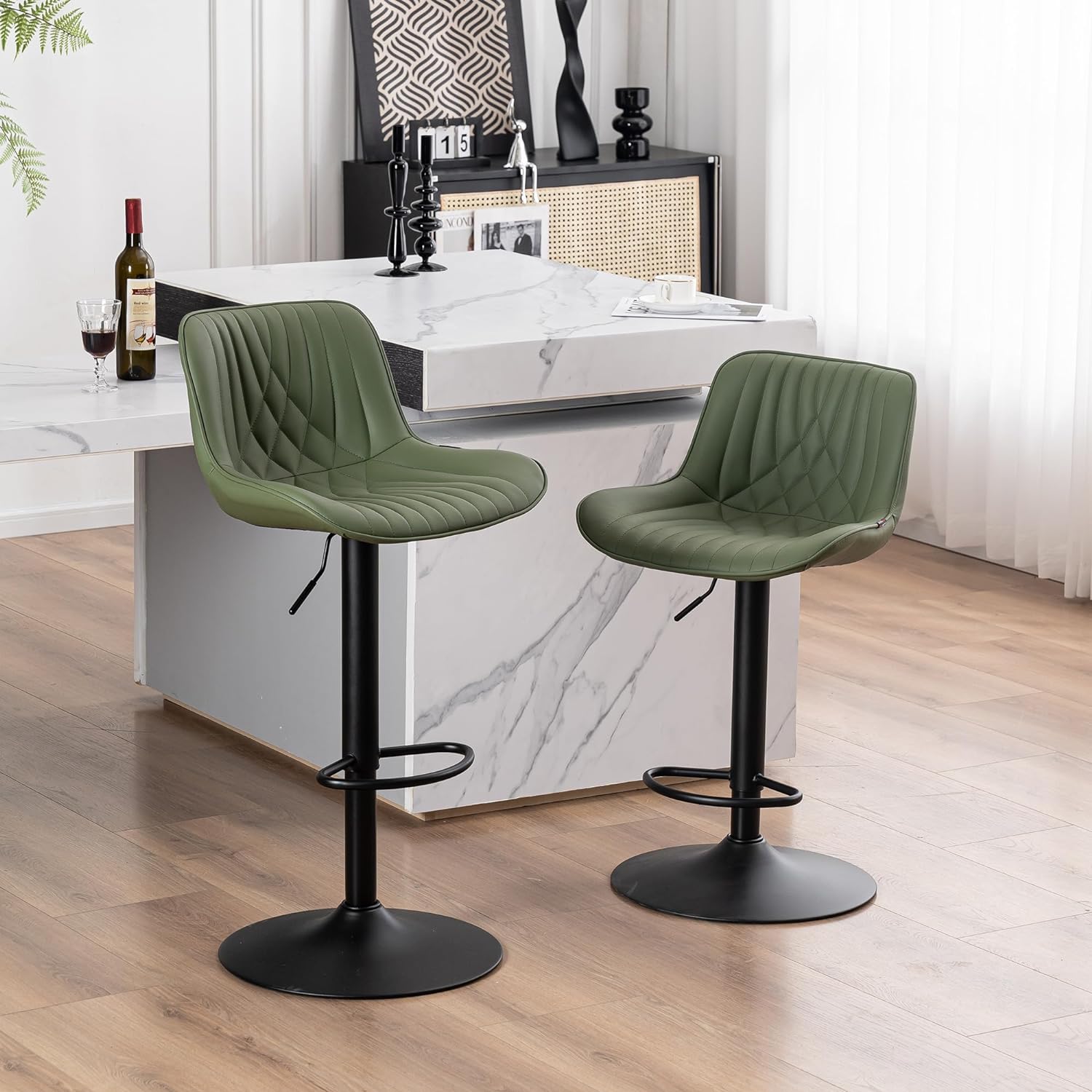 YOUTASTE Modern Bar Stools Set of 2 Adjustable Barstools Luxury Upholstered Bar Chairs Faux Leather Counter Height Bar Stool Swivel Barstool with Back for Home Kitchen Island,Olive Green