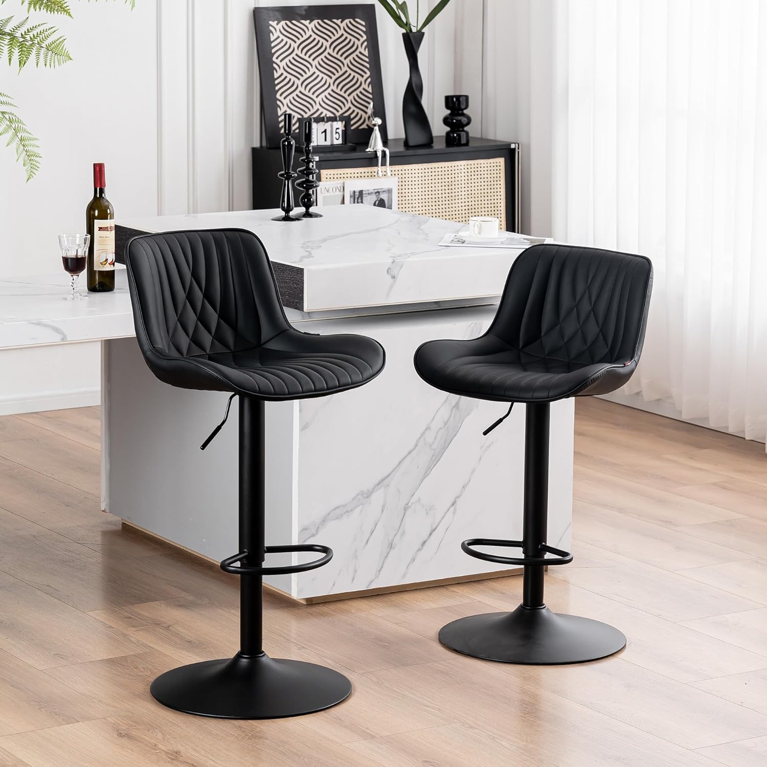 YOUTASTE Black Bar Stools Set of 2 Adjustable Swivel Modern Barstools Luxury Upholstered Faux Leather Bar Stool Counter Height Metal Chairs with Back for Home Kitchen Island