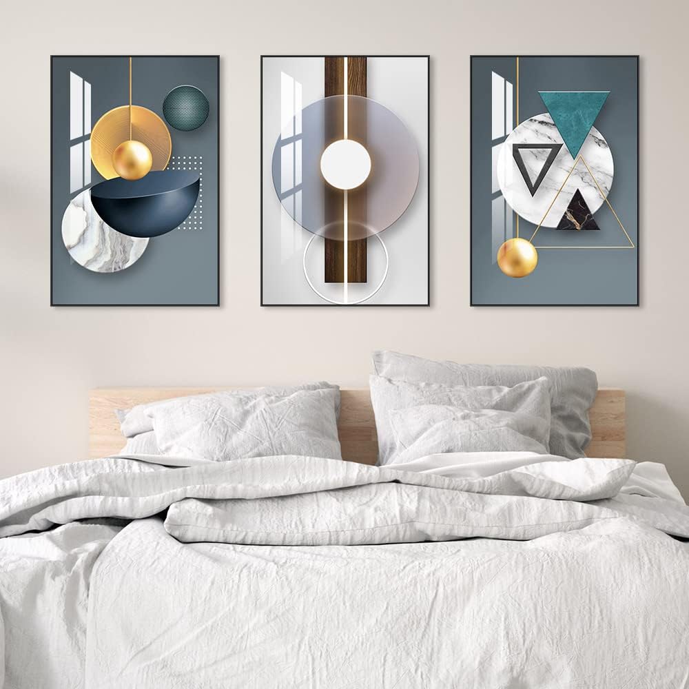 ARTKN 3 Pieces Abstract Framed Canvas Wall Art, Geometry Art Shape Pattern Paintings,Modern Artworks Wall Decor for Living Room Bedroom Office Decoration(Blue, 24 X 32 X 3 pieces)