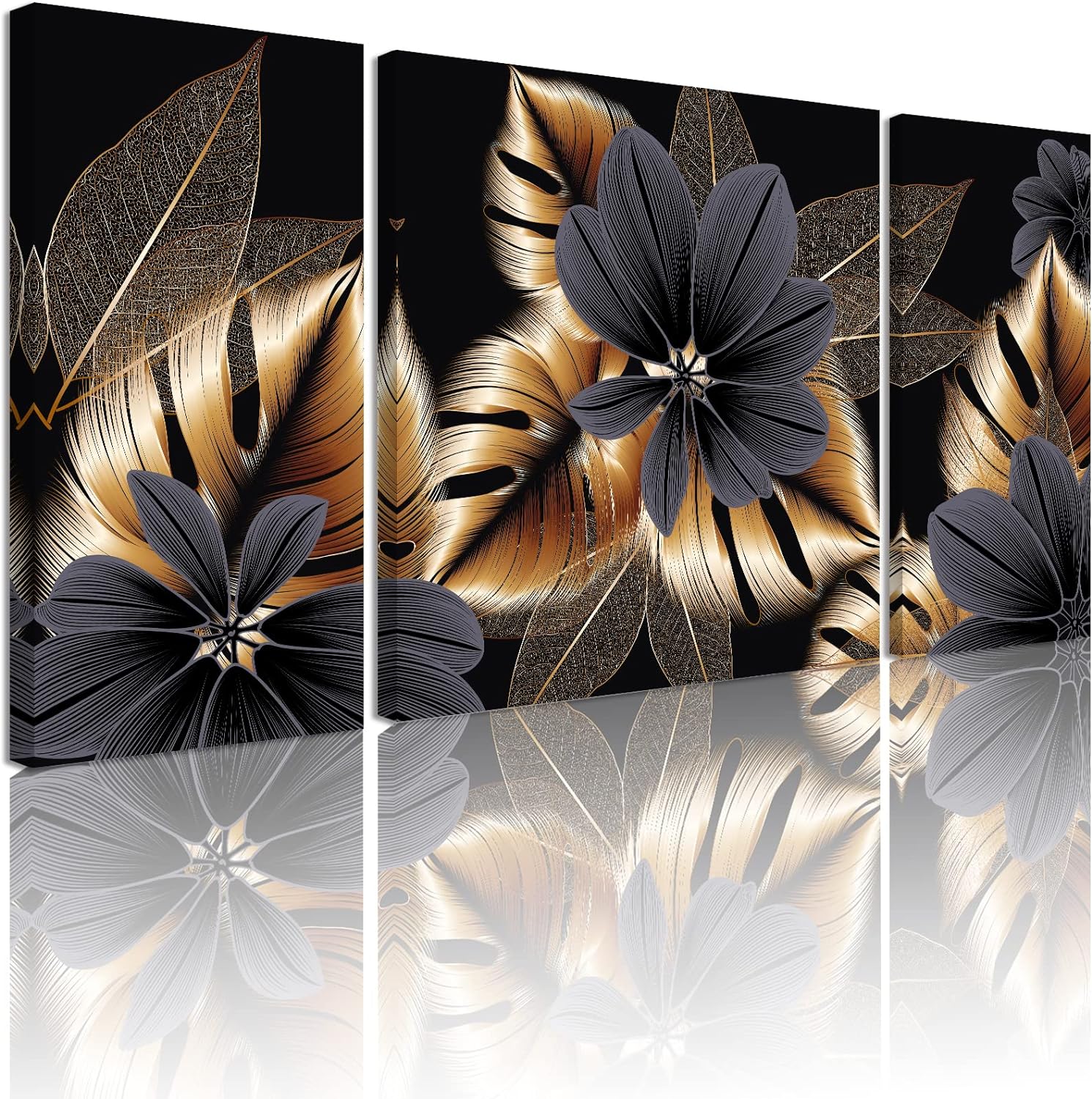 Sdmikeflax 3 Piece Modern Canvas Wall Art for Living Room Large Size 48x24 Abstract Black and Gold Wall Art Botanical Wall Art Set Decor Print Plant Pictures Framed Artwork for Home Walls Bedroom Home Decoration