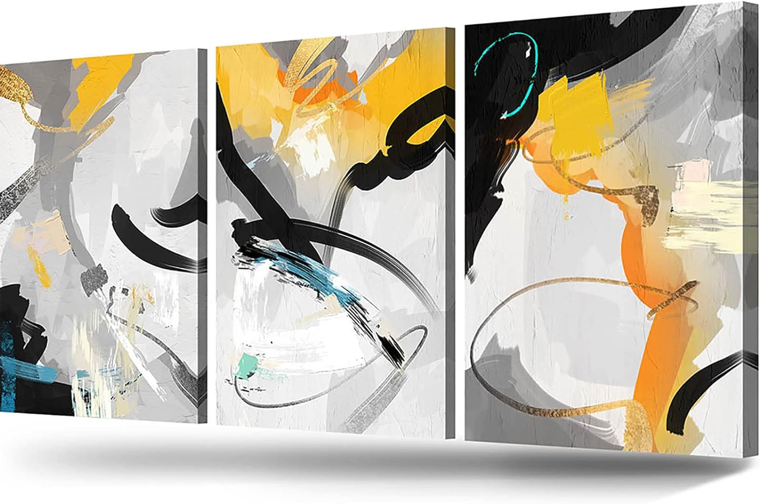 Abstract Wall Art Canvas 3 Piece Pictures for Living Room Wall Decoration Framed Yellow Black and Grey Art Wall Decor for Bedroom Bathroom Decor teal Modern Wall Prints Home Decorations