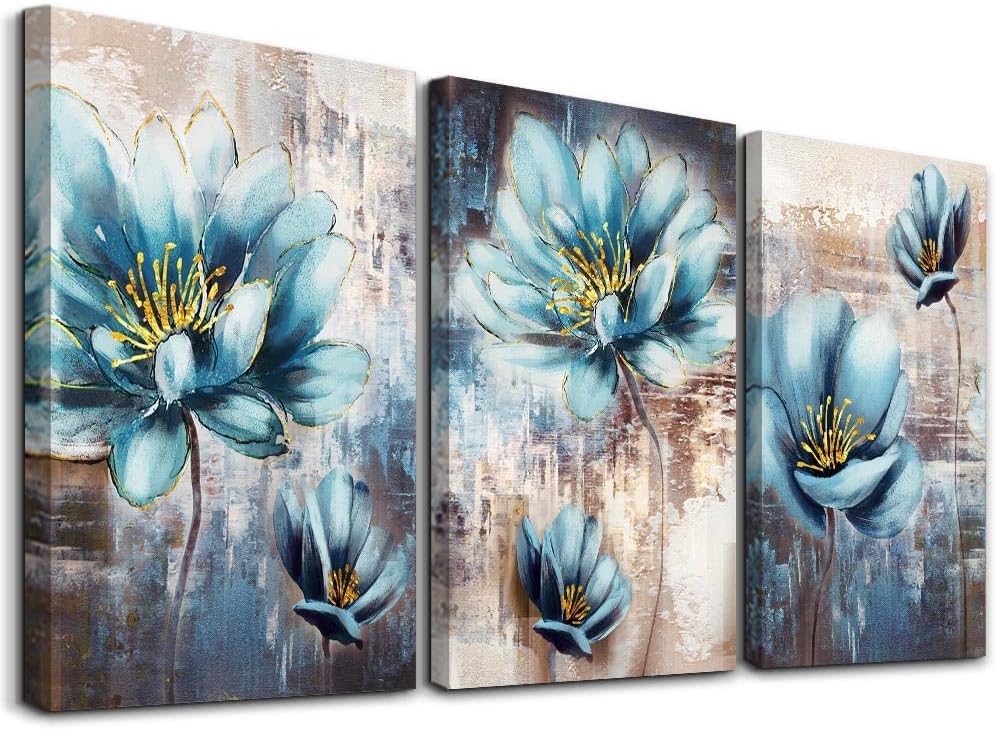 Lapremoly Canvas Wall Art For Living Room Family Wall Decor For Bedroom Abstract Blue Flowers Wall Paintings Office Decor Modern Wall Decorations For Kitchen Wall Pictures Artwork 12 X 16 3 Piece