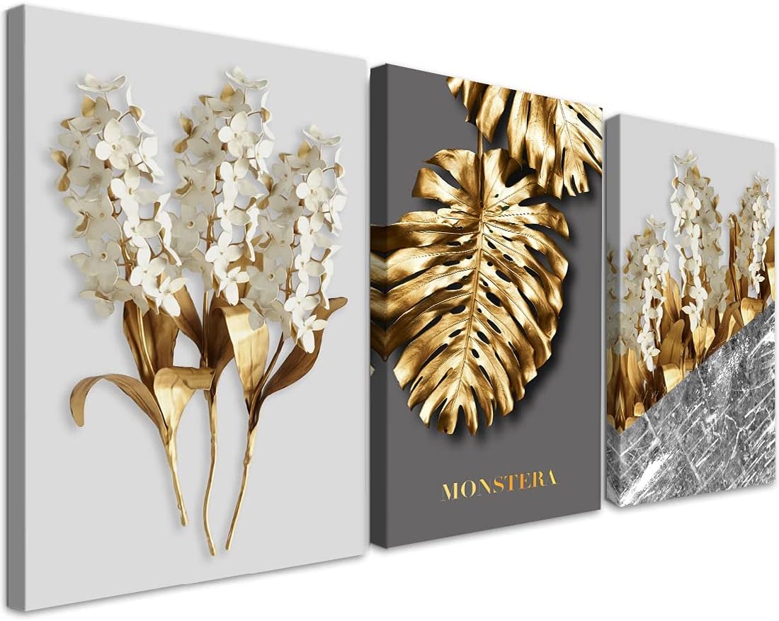 QTESPEII Large Modern Canvas Wall Art Hyacinth Painting White Flower Gold Leaf Canvas Prints for Living Room Bedroom Office Wall Decor Framed Home Office Walls Decorations, 16x24 3 Pieces