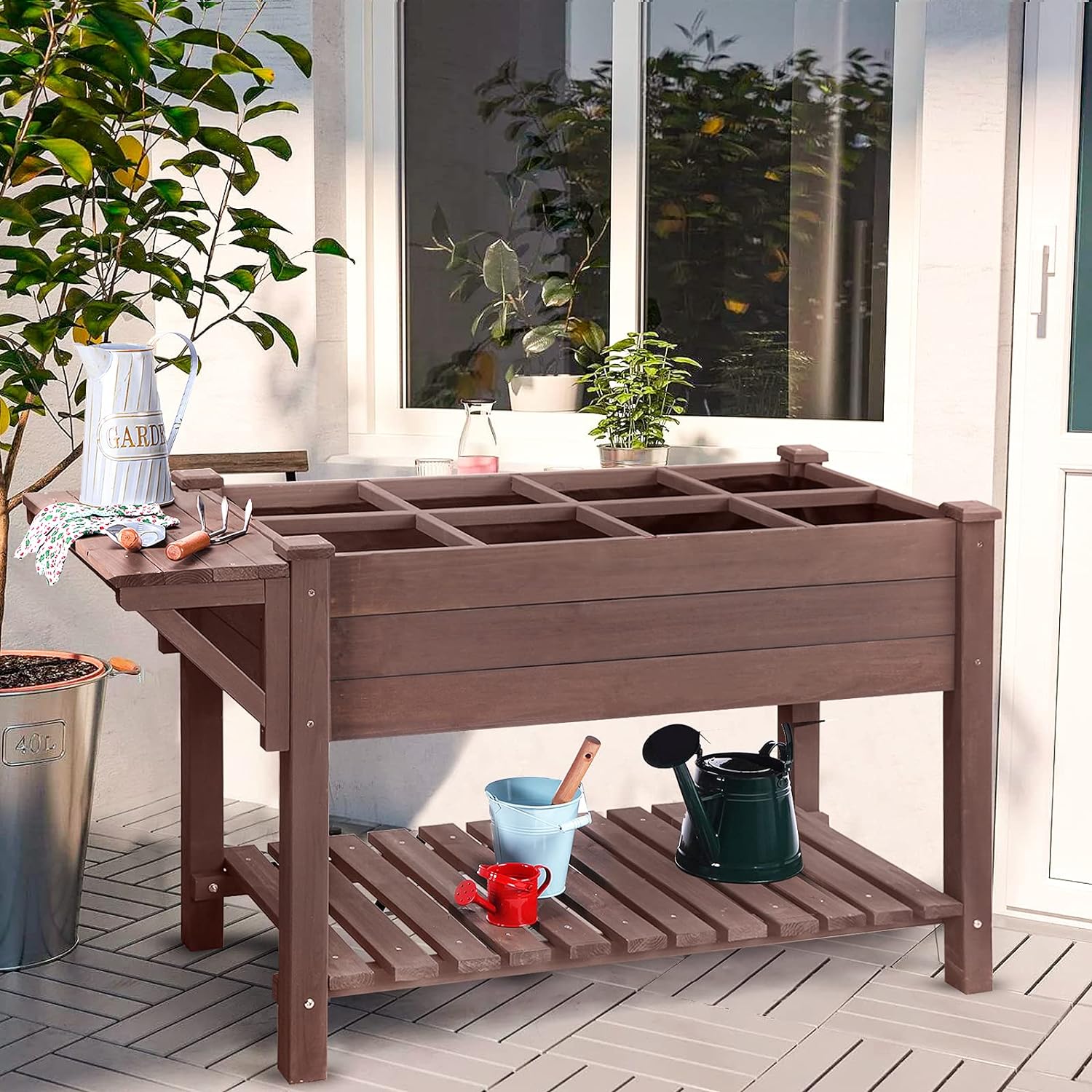 Aivituvin Raised Garden Bed, Elevated Plant Boxes Outdoor Large with Grow Grid - with Large Storage Shelf 52.7 x 22 x 30