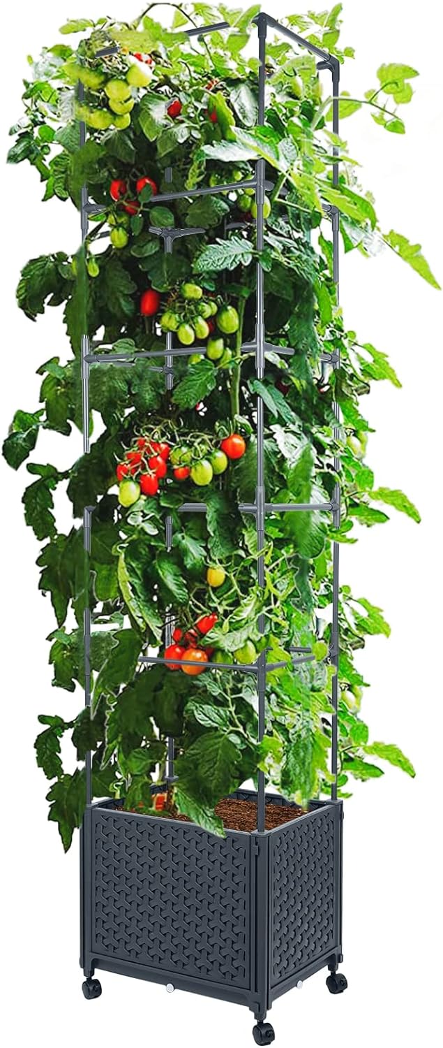 LINEX Raised Garden Bed Planter Box with Trellis, 67.6 Tomato Planters for Climbing Plants Vegetable Vine Flowers Outdoor Patio, Tomatoes Cage w/Self-Watering & Wheels