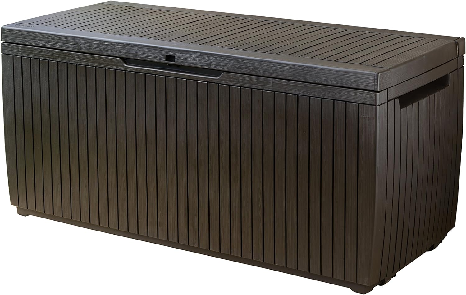 Keter Springwood 80 Gallon Resin Outdoor Storage Box for Patio Furniture Cushions, Pool Toys, and Garden Tools with Handles, Brown