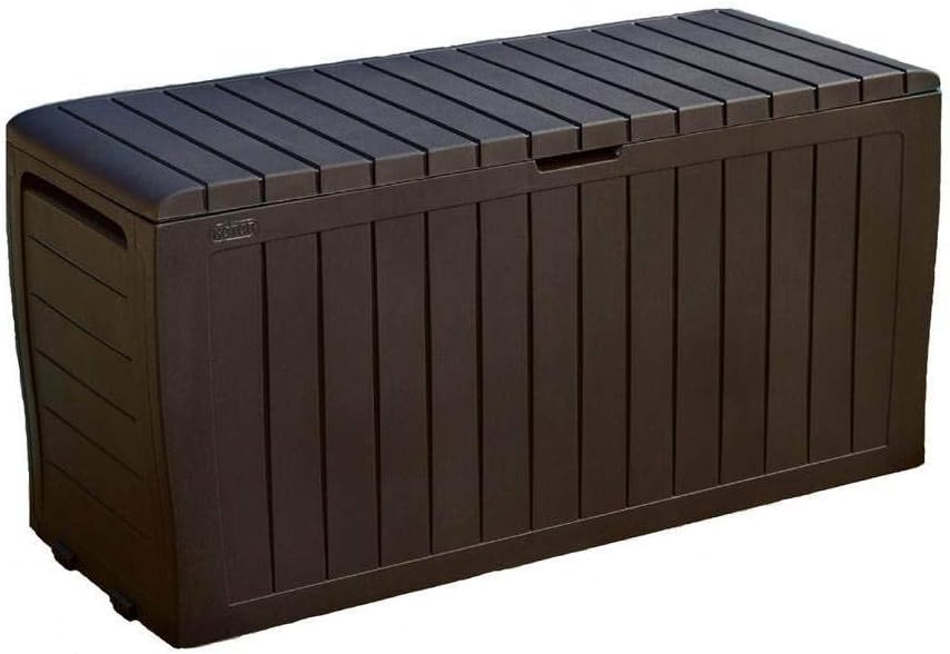 Keter Marvel Plus 71 Gallon Resin Deck Box-Organization and Storage for Patio Furniture Outdoor Cushions, Throw Pillows, Garden Tools and Pool Toys, Brown