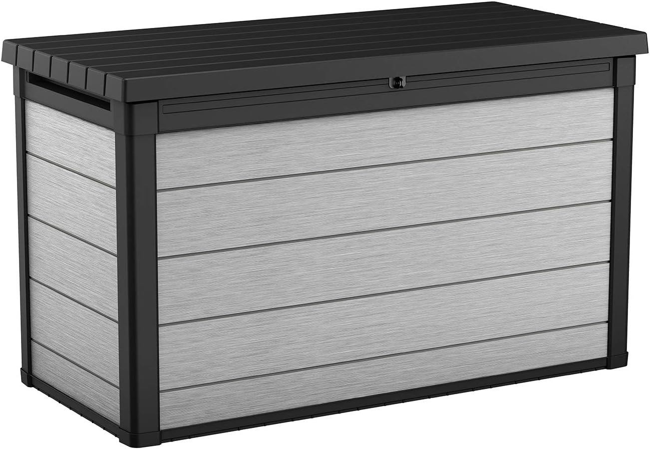 Keter Denali 200 Gallon Resin Large Deck Box for Patio Furniture Cushion Storage, Grey/Black