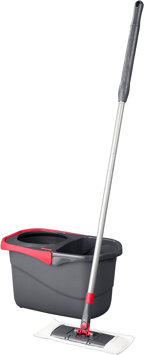 Rubbermaid Microfiber Flat Spin Mop Floor Cleaning System with Wringer Bucket, Red, Flat Floor Mop for Hardwood/Laminate/Vinyl/Tile/Stone Floors