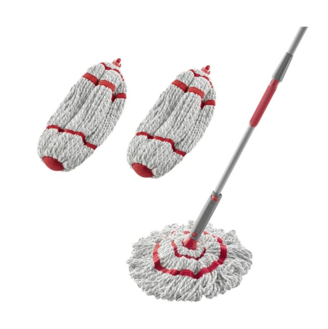 Rubbermaid Microfiber Twist Mop and 2 Refill Kit, Red, Built-in Wringer, Machine Washable and Reusable Mop Head, Light Weight, Clean Hard to Reach Places, for Laminate/Hardwood/Safe on All Floor Types