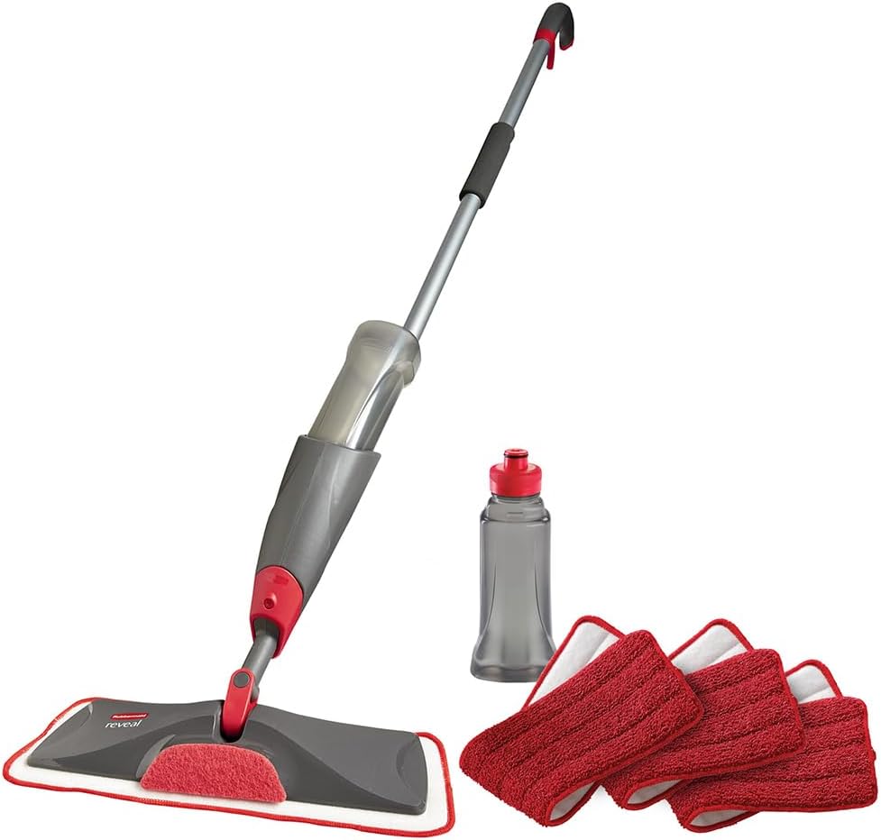 Rubbermaid Microfiber Reveal Spray Mop Floor Cleaning Kit with 3 Microfiber Wet Pads, 1 Solution Refillable Bottles for Wet & Dry Use, Washable & Reusable Pads, Cordless, for All Floor Types