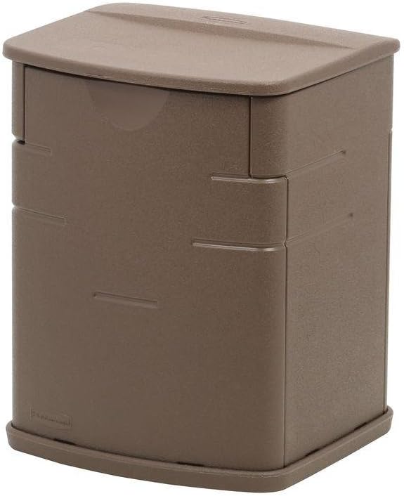 Rubbermaid Mini Resin Weather Resistant Outdoor Deck Box, 16 w x 14 d x 21 h, Mocha, Storage for Garden/Pool Accessories/Cushions, Indoor/Outdoor Home Organization Bin , Sandstone