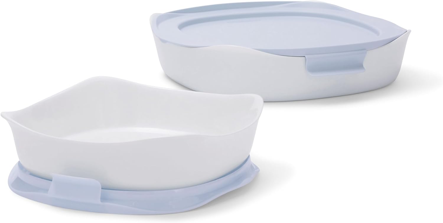 Rubbermaid Glass Baking Dishes for Oven, Casserole Dish Bakeware, DuraLite 4-Piece Set,Square Dishes, White (with Lids)