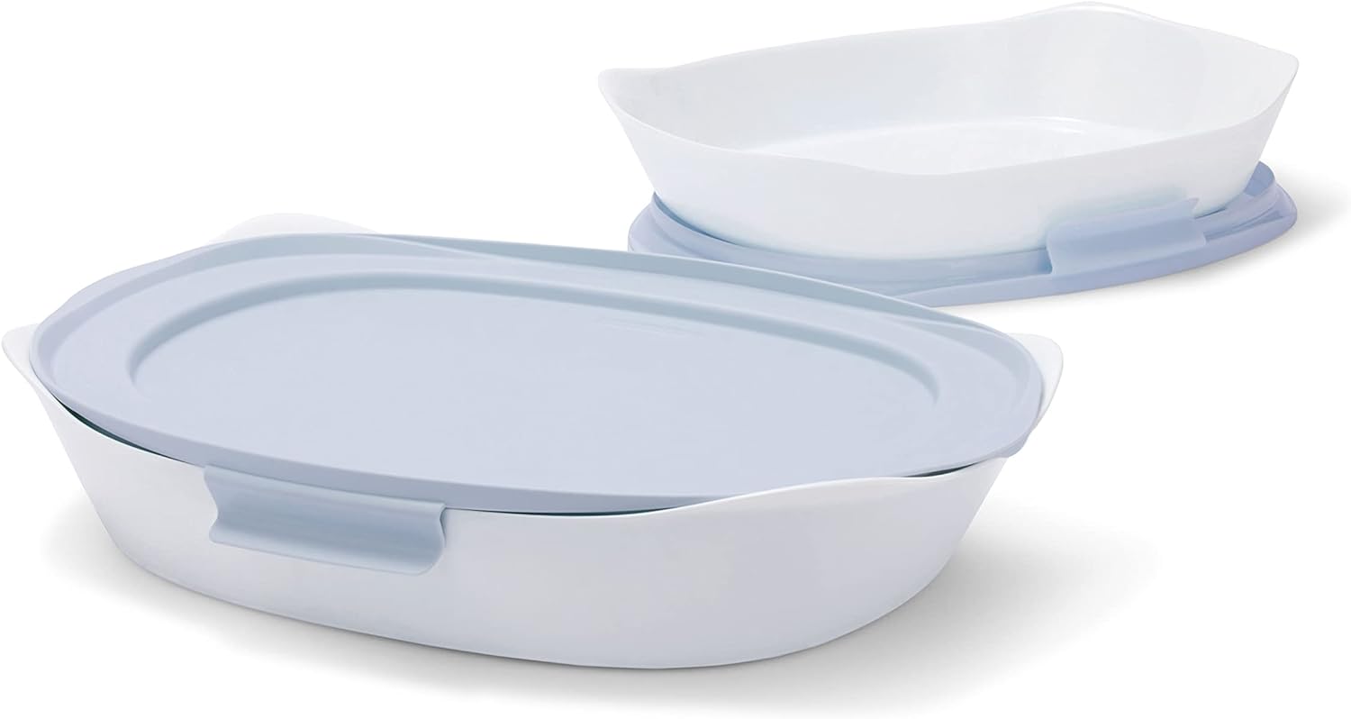 Rubbermaid Glass Baking Dishes for Oven, Casserole Dish Bakeware, DuraLite 4-Piece Set,Rectangular Dishes, White (with Lids)