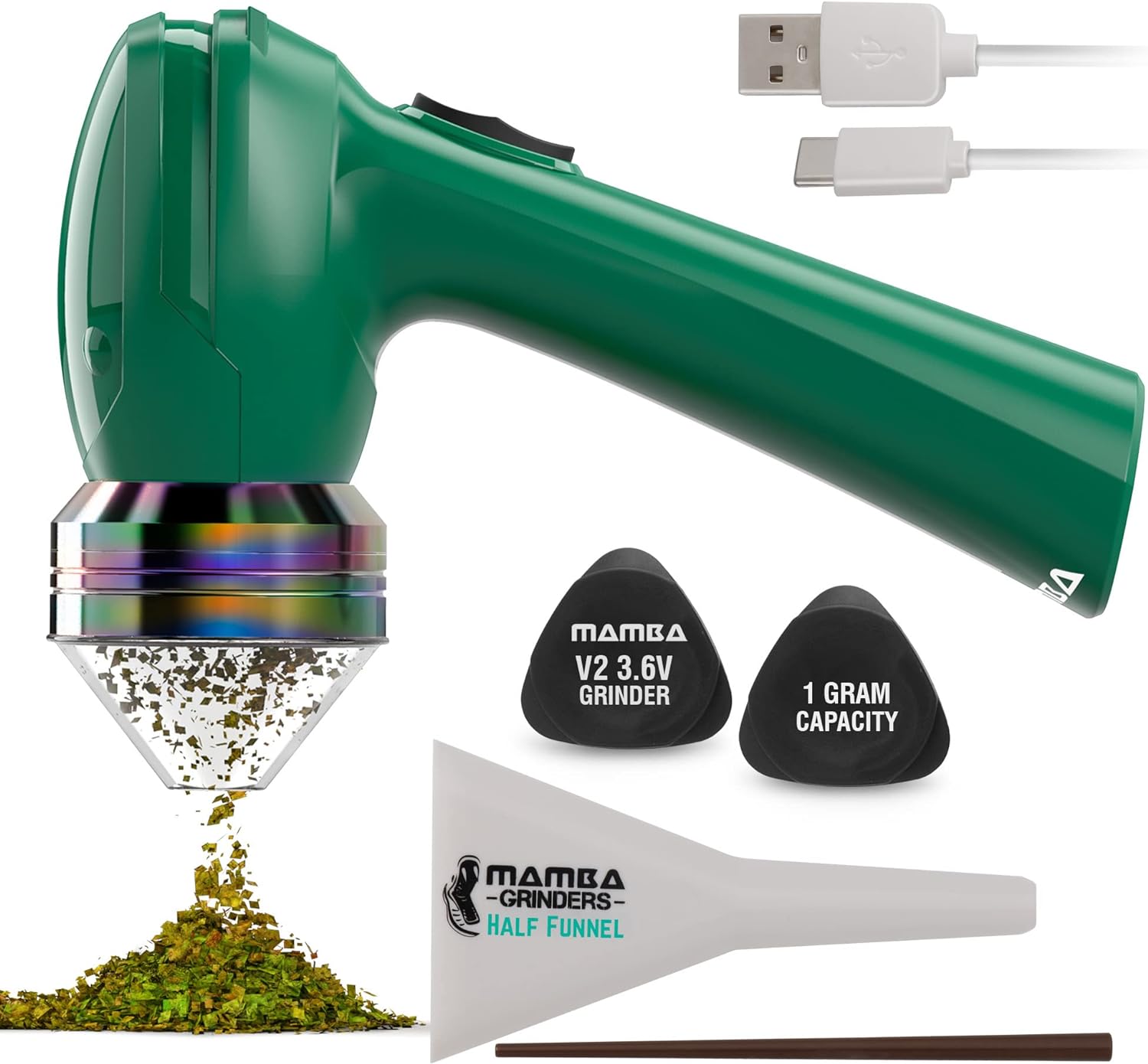 Mamba V2 1g Green Electric Portable Herb Grinder. USB Powered Essential Kitchen Mill for Grinding