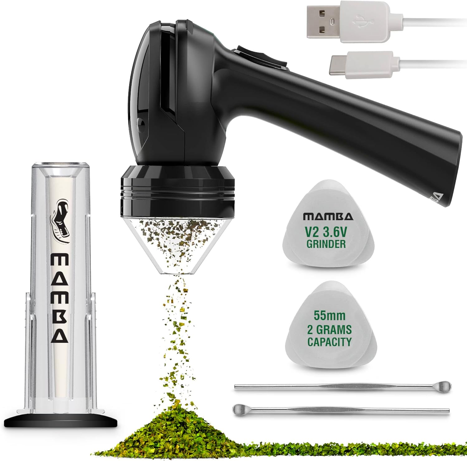 Mamba V2-55 Electric Herb Grinder, USB Rechargeable Automatic Grinder Fast Mill with Aluminum Alloy Head, includes Herb and Spices Holding System (Black)