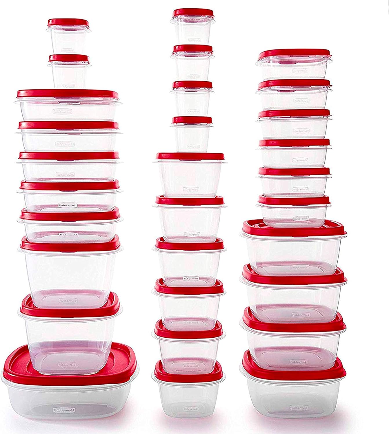 Rubbermaid 60-Piece Food Storage Containers with Lids, Salad Dressing and Condiment Containers, and Steam Vents, Microwave and Dishwasher Safe, Red