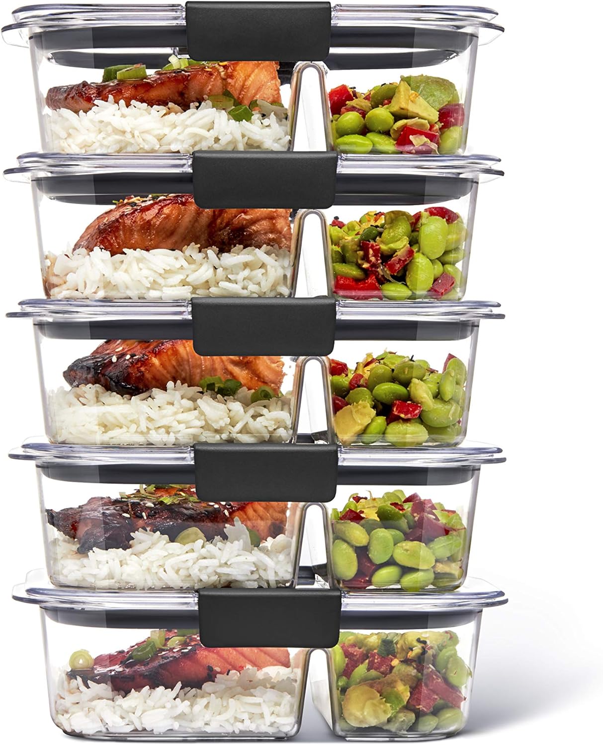 Rubbermaid Brilliance BPA Free Food Storage Containers with Lids, Airtight, for Lunch, Meal Prep, and Leftovers, 2 Compartments, Set of 5 (2.85 Cup)