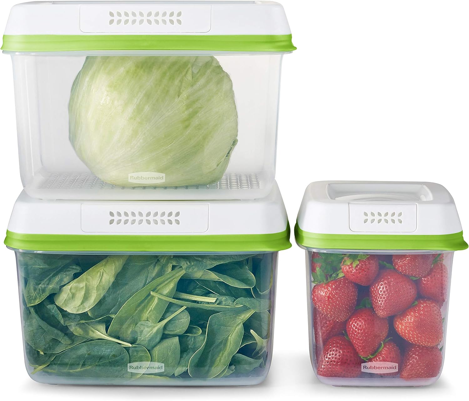 Rubbermaid Produce Saver Containers for Refrigerator with Lids for Food Storage, Dishwasher Safe, Clear/Green, Set of 3 containers and 3 Lids, Med & Lg, 6-Piece