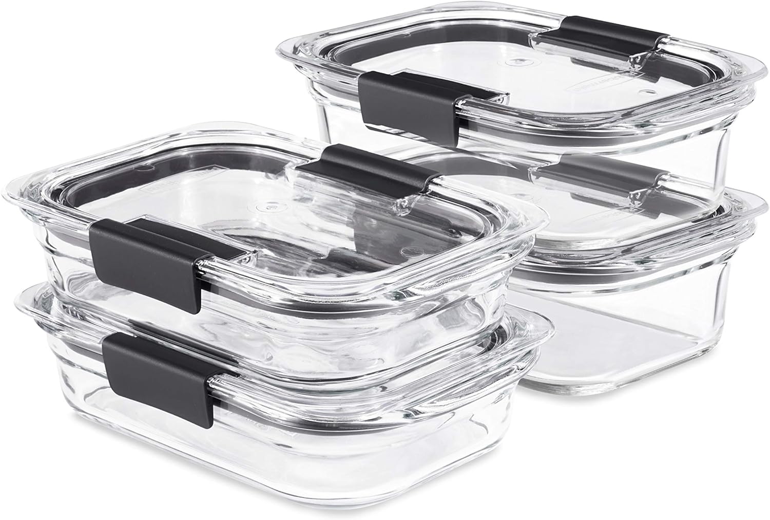 Rubbermaid Brilliance Glass Food Storage set of 4 containers, 8 total pieces (4 containers   4 lids) for Lunch, Meal Prep, and Leftovers, Dishwasher and Oven Safe, Clear/Grey