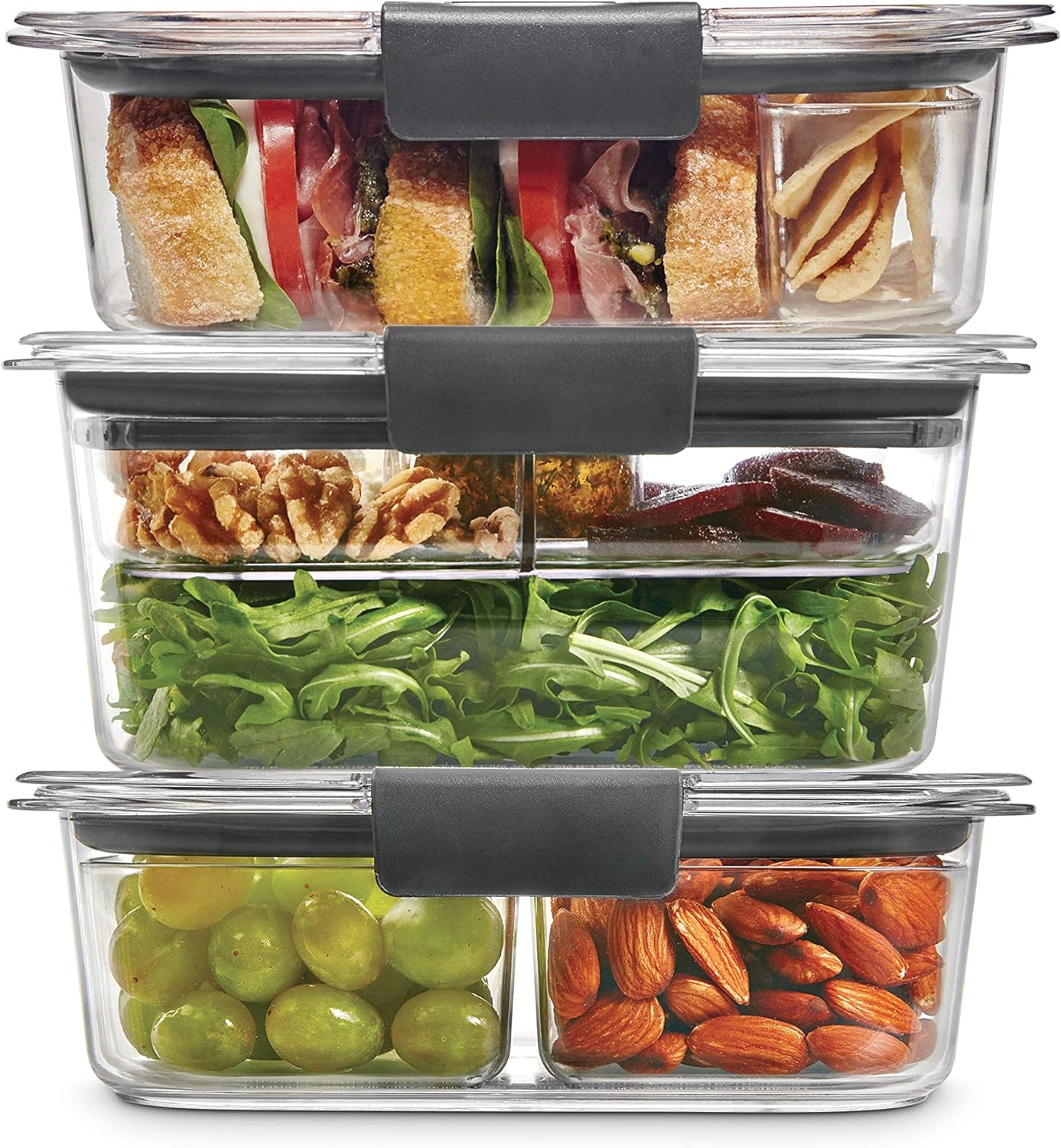 Rubbermaid Brilliance BPA Free Food Storage Containers with Lids, Airtight, for Lunch, Meal Prep, and Leftovers, Set of 3 with Removable Trays