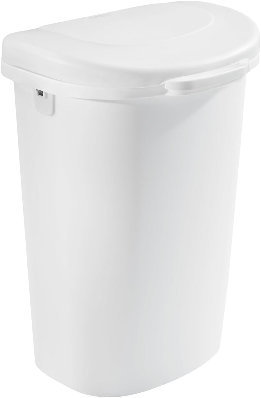 Rubbermaid Touch Top Lid Trash Can for Home, Kitchen and Bathroom Garbage, Plastic resin, 13 Gallon Garbage Can, Waste Basket, White