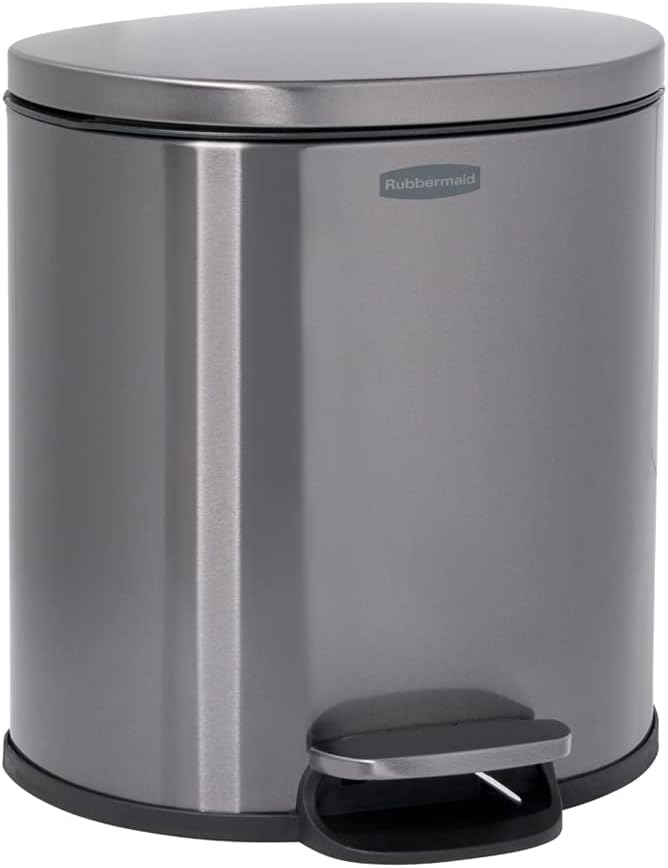 Rubbermaid Stainless Steel Semi-Round Step-On Trash Can, 1.6-Gallon, Charcoal, Small Wastebasket with Lid for Home/Kitchen/Bathroom/Office