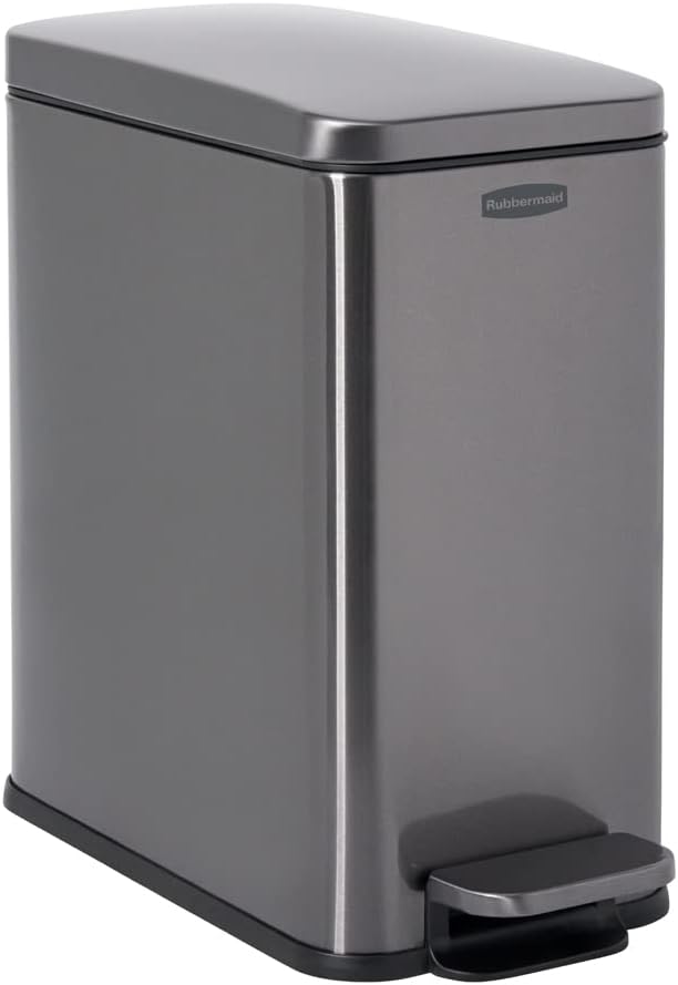 Rubbermaid Stainless Steel Slim Step-On Trash Can, 2.6-Gallon, Charcoal, Wastebasket with Lid for Home/Bathroom/Kitchen