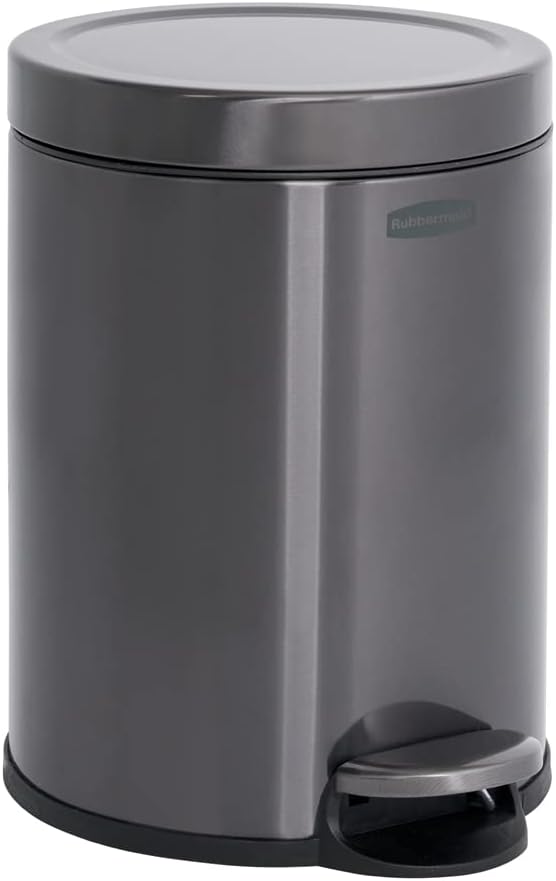 Rubbermaid Stainless Steel Round Step-On Trash Can, 1.6-Gallon, Charcoal, Wastebasket with Lid for Home/Bathroom/Kitchen