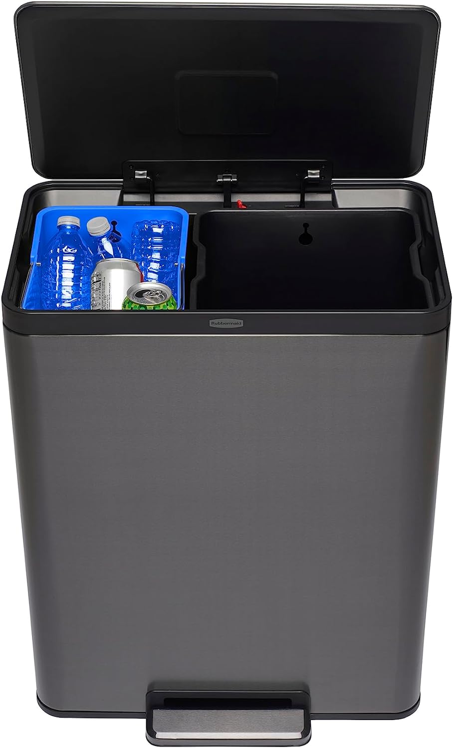 Rubbermaid Elite Stainless Steel Metal Dual Stream Step-On Trash Can for Home, Kitchen Waste and Recycling, 15.9 Gallon, Charcoal, Trash and Recycle Bin Combo