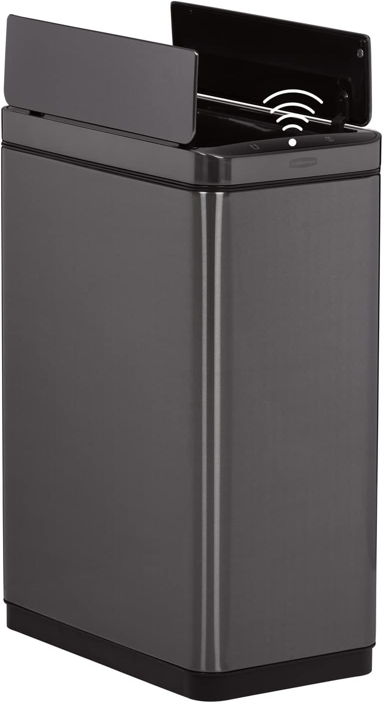 Rubbermaid Elite Stainless Steel Slim Sensor Trash Can, 11.8-Gallon, Batteries Included, Charcoal, Wastebasket for Home/Kitchen/Hotel/Lobby